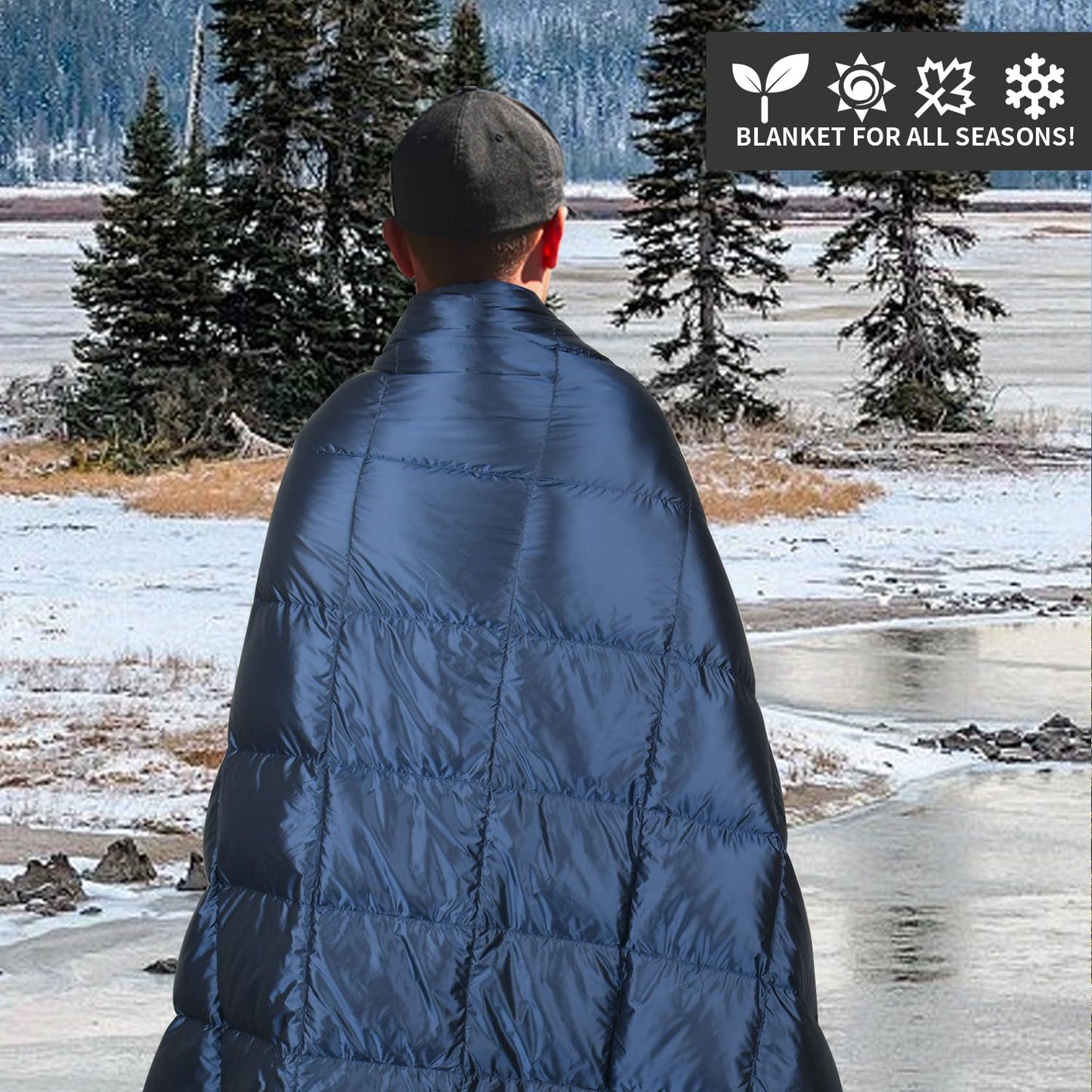 ROSE FEATHER Down Camping Blanket, Lightweight Outdoor Travel Blanket, Puffy Sleeping Bag Blanket, Waterproof Packable Backpacking Quilt for Camping,Travel, Airplane,Hiking,Picnic, 55''x79'' (Blue)