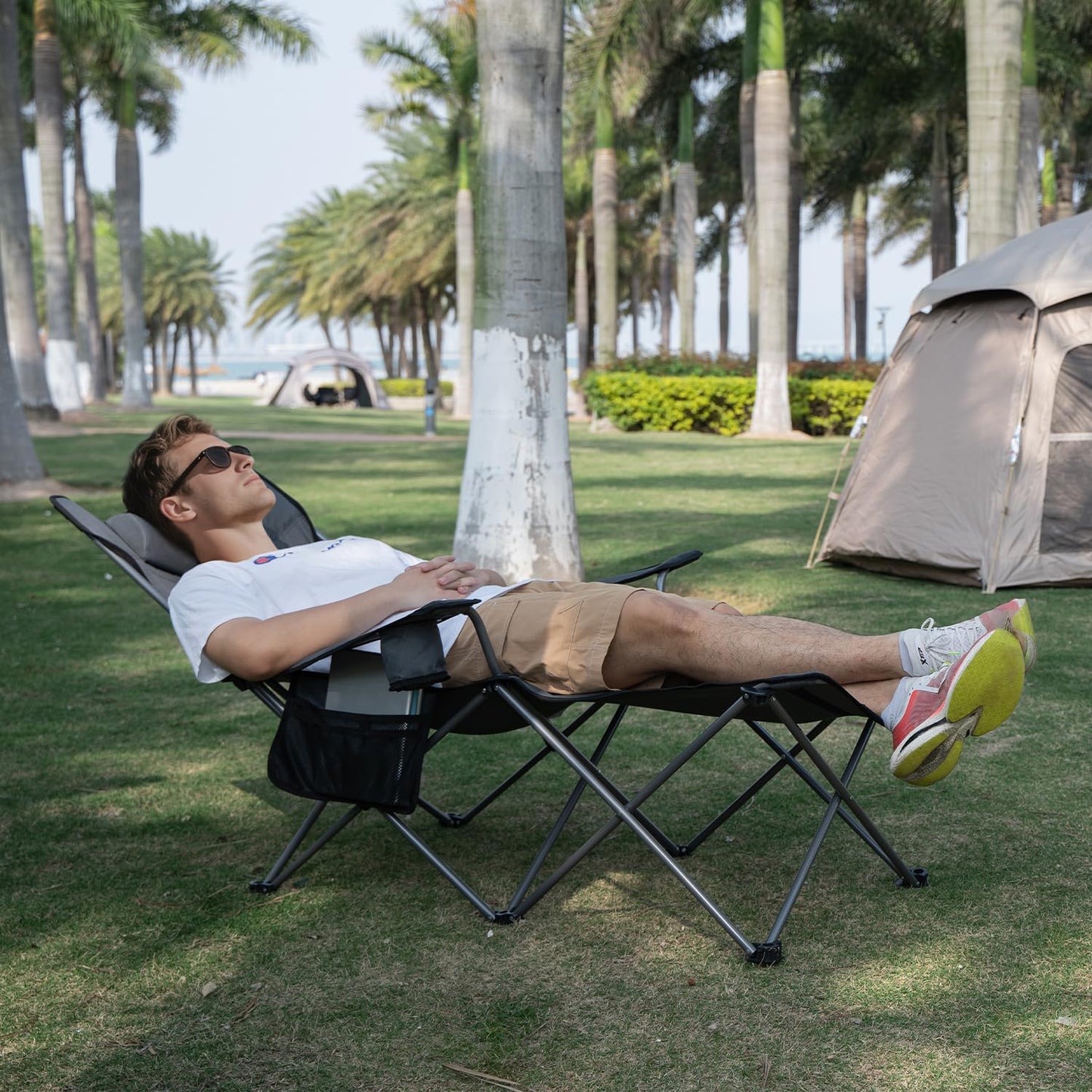 apollo walker Reclining Beach Chair, Adjustable 90-135° Backrest Camping Lounge Chairs for Adults, 6-Legged Folding Chair with Foot Rest & Detachable Pillow, Includes Carry Bag, Grey