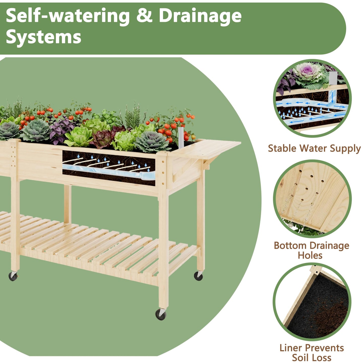 Cakhdry Raised Garden Bed with Legs and Wheels, Self-Watering System, 72x24x30in Elevated Planter Box with Storage Shelf & Liner for Flowers Vegetables Herbs, Raised Bed for Outdoor/Balcony/Patio