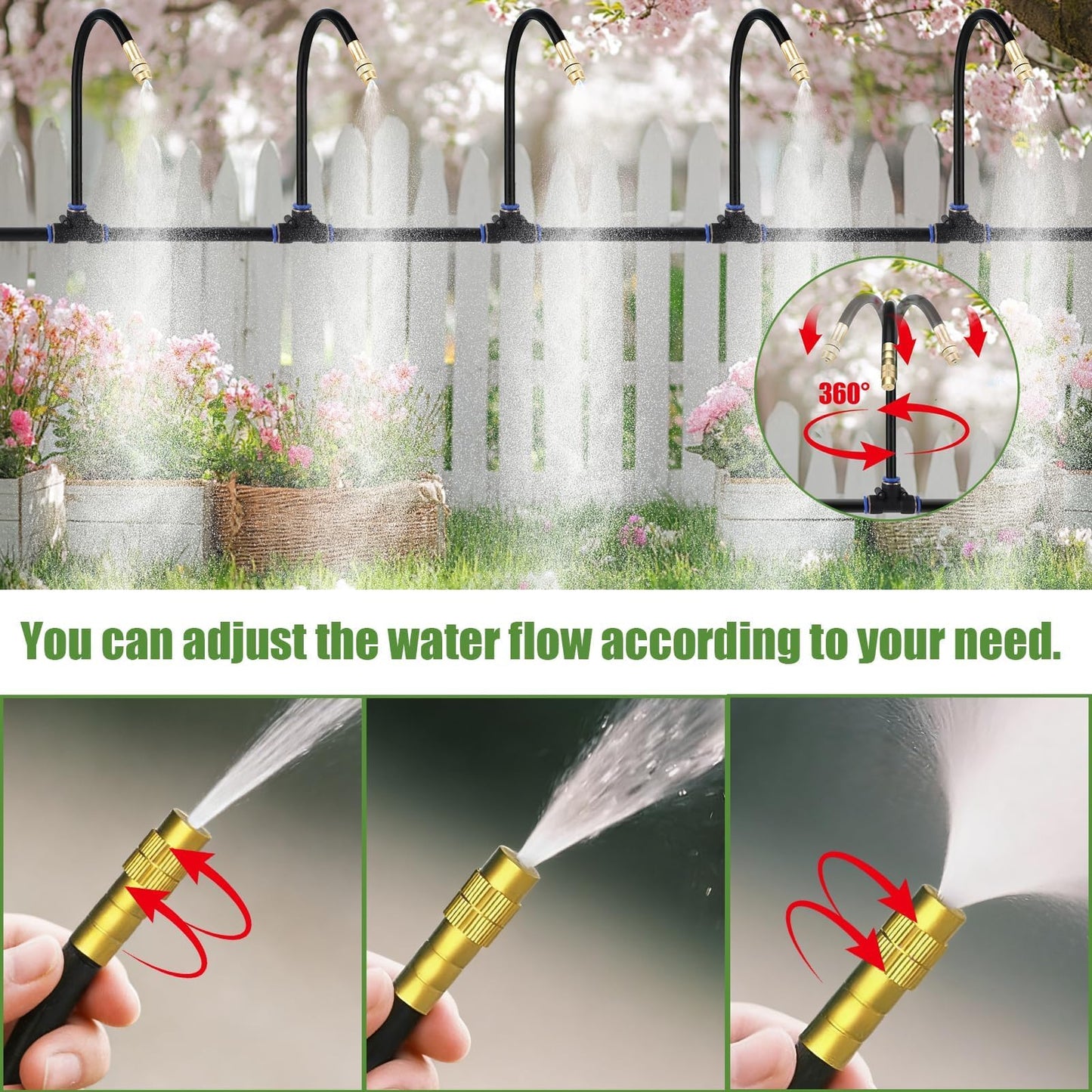 Kalolary 1/4" Drip Irrigation System, Garden Watering System with 16pcs Adjustable Copper Nozzles Automatic Atomizing Watering Sprinkler System for Yard Lawn Outdoor Irrigation