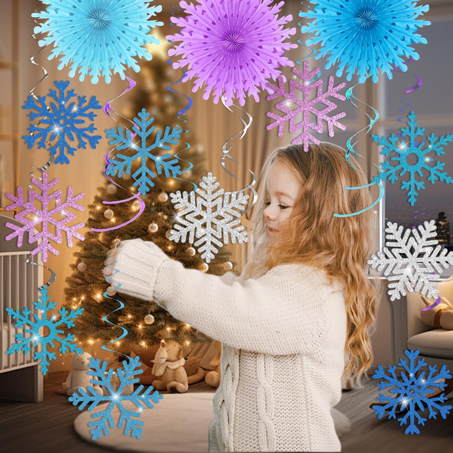 28pcs Winter Snowflake Hanging Swirls Decorations, Winter Wonderland Decorations Snowflake Hanging Swirls Decoration Glittery Ornament Banner for Winter Frozen Baby Shower Party Home Decorations