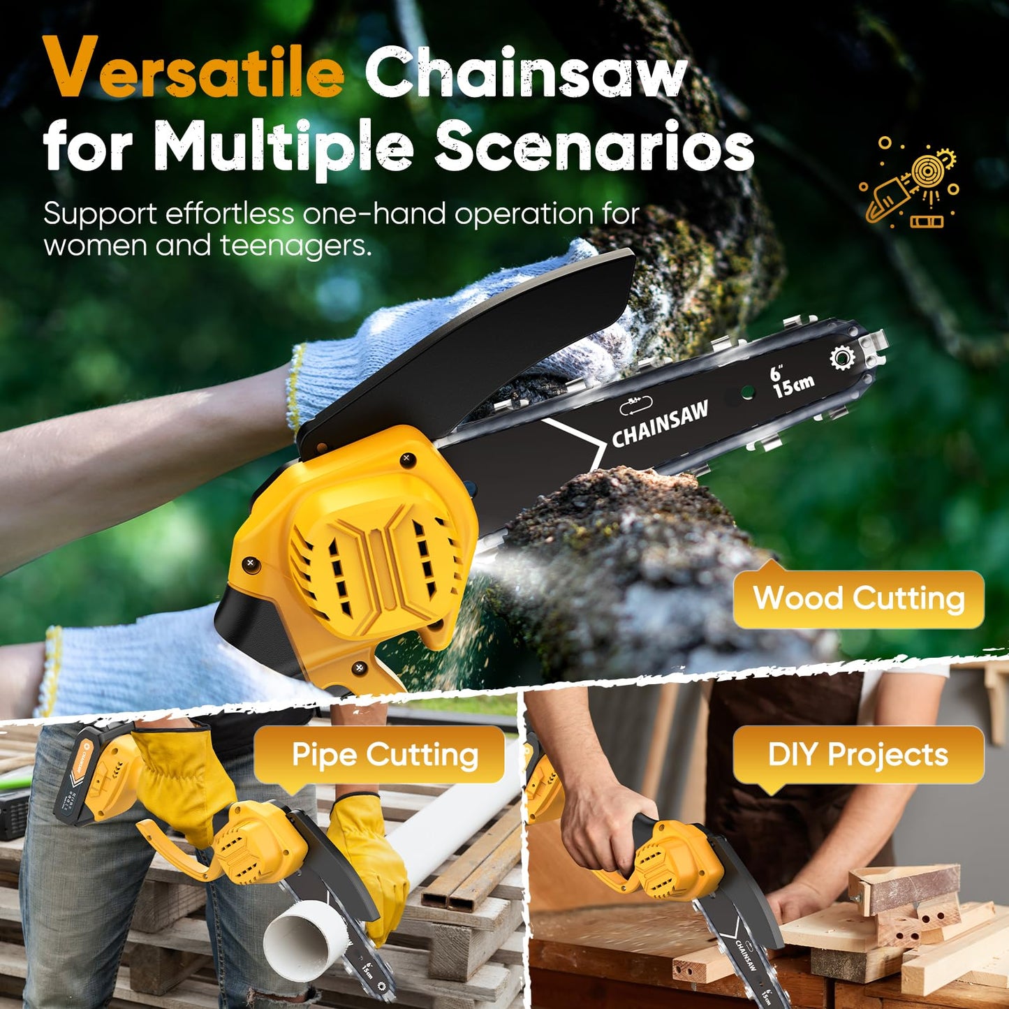Mini Chainsaw- 6 Inch Electric Mini Chain Saw Cordless Battery Powered One-Hand Tree Trimming Saw with 2 Batteries, Portable Gardening Gadgets for Men, Unique Birthday Gifts (Yellow)