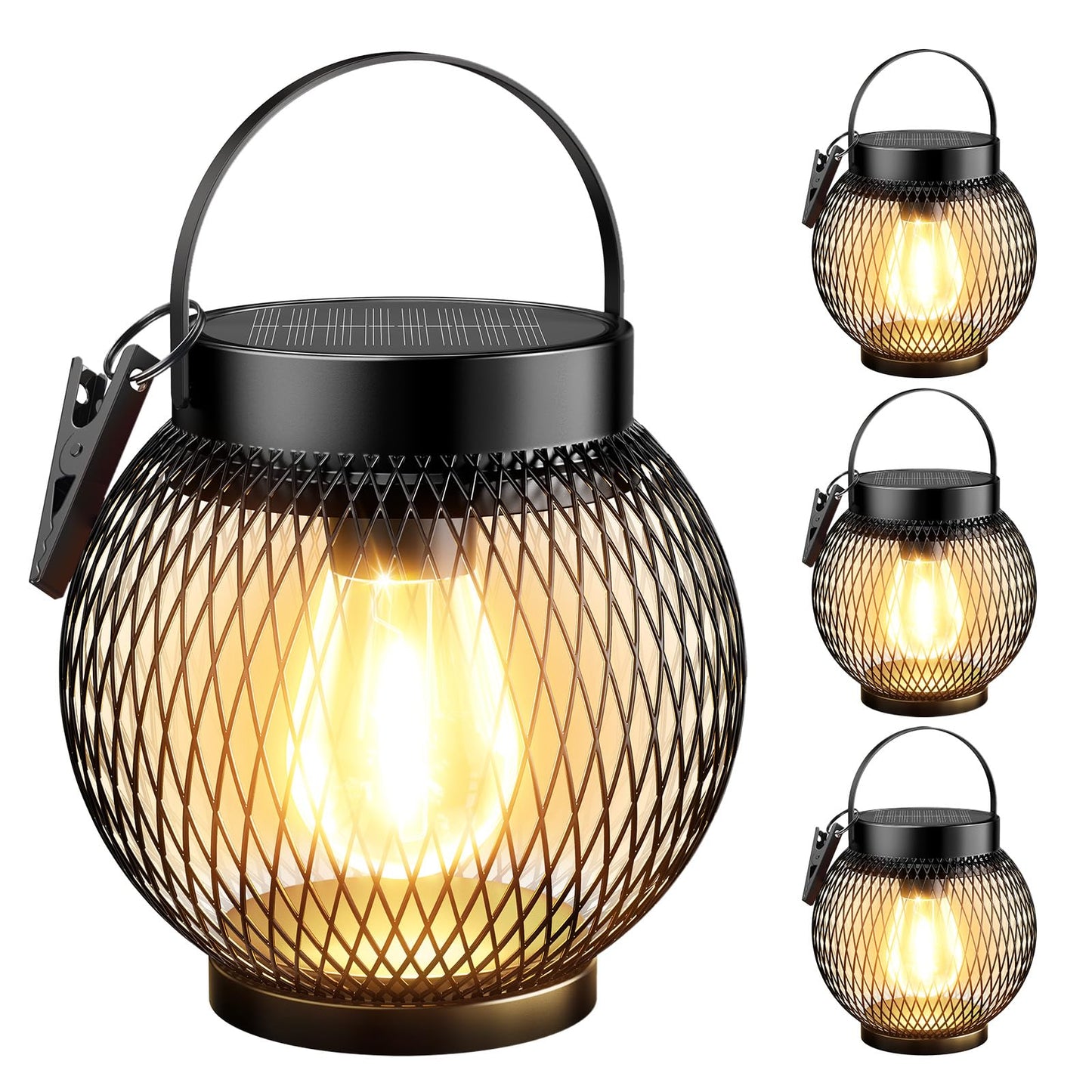 Tuyluxe Solar Lantern Outdoor Waterproof, 4 Pack Upgraded Metal Bright Hanging Solar Lights with Clip, Solar Powered Hanging Lanterns for Outside Patio Porch Garden Decorative