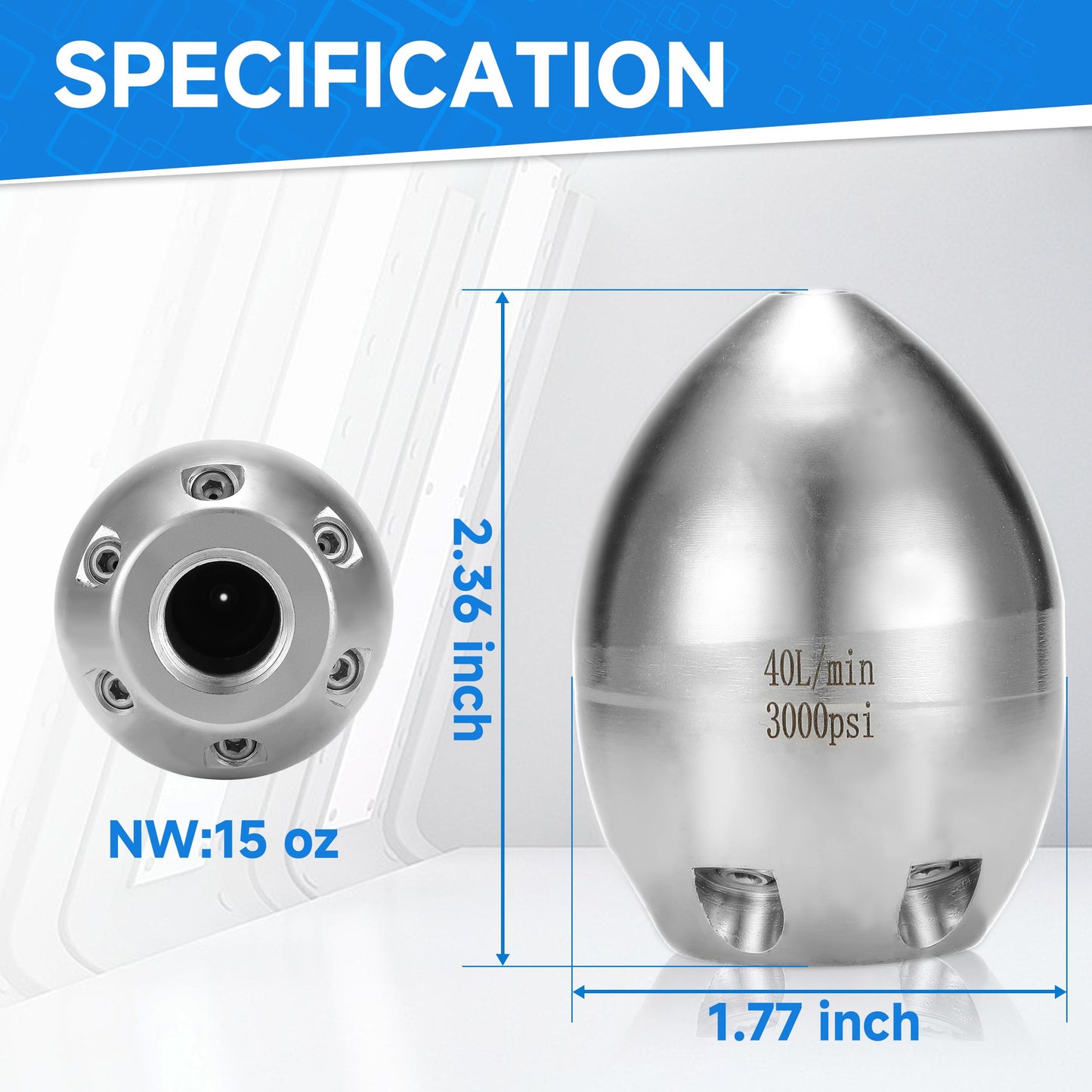 Tool Daily 3/8” NPT Sewer Jetter Nozzle for Pressure Washer, Stainless Steel Sewer Jet Nozzle for Drain Cleaning, 40 L/Min, 3000 PSI