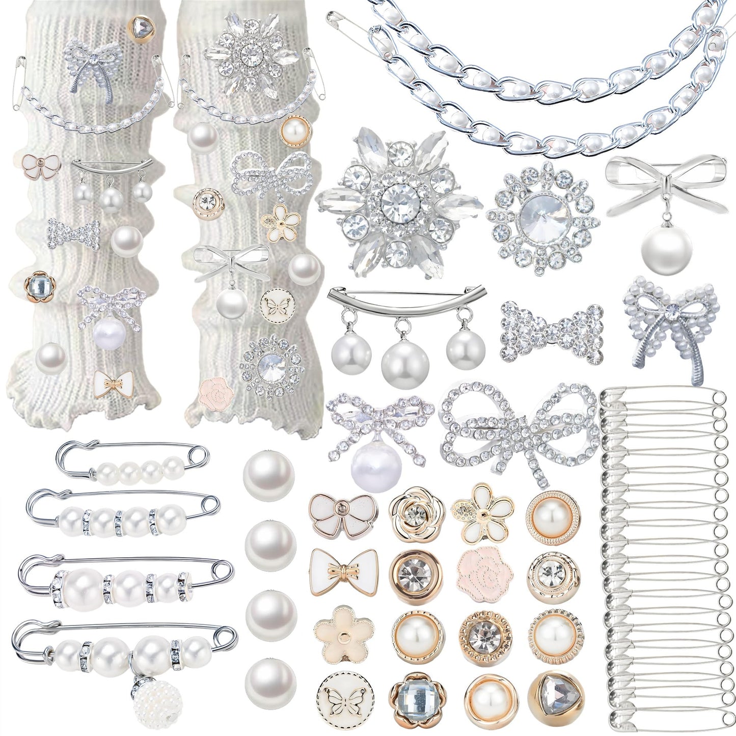 54PCS Junk Socks Charms Kit, Shoe Charms for Sneakers Girls,Silver Brooches and Pins for Women, Pearl and Rhinestone Sock Charm with Safety Pins, DIY Accessories for Decorating and Personalizing Socks