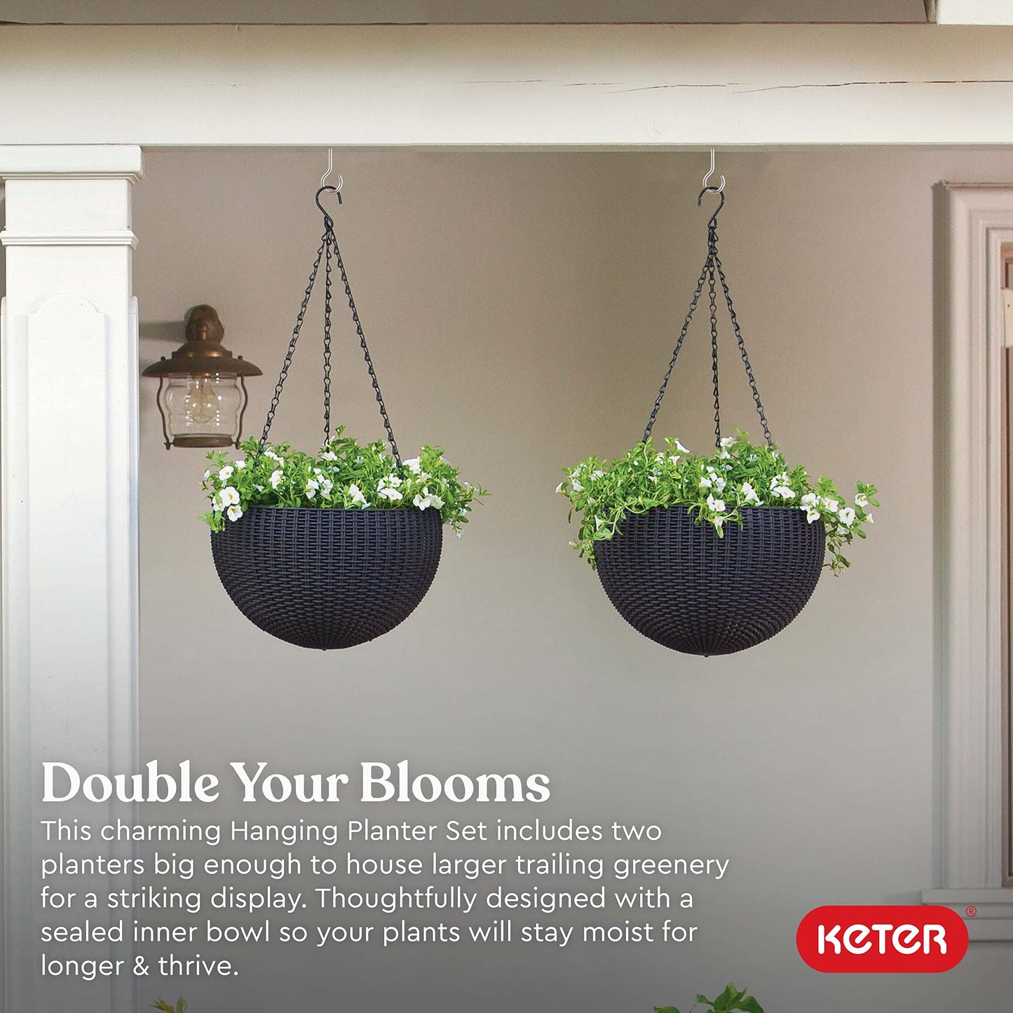 Keter Resin Rattan Set of 2 Round Hanging Planter Baskets for Indoor and Outdoor Plants-Perfect for Porches and Patio Decor, Graphite
