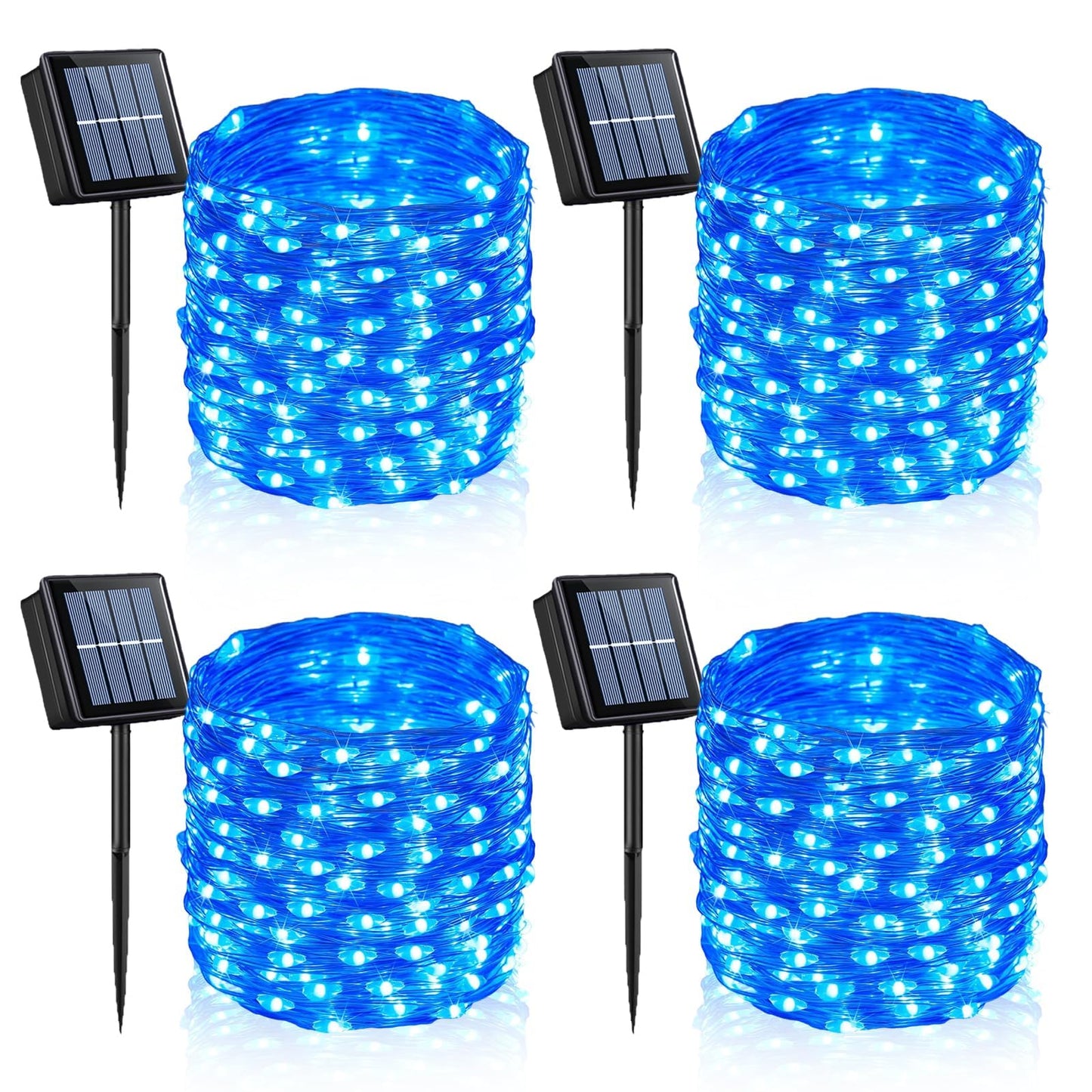 YEGUO 4 Pack Blue Solar Fairy Lights, Each 33ft 100 LED Christmas Lights Outdoor Waterproof, 8 Modes Sliver Wire Solar String Lights