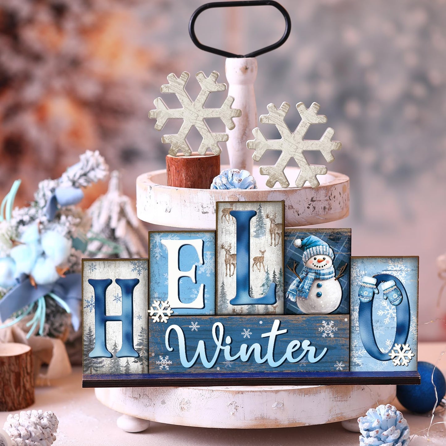 Thyle 3 Pcs Winter Wooden Table Decor Reversible Hello Winter Baby It's Cold Outside Centerpiece Blue and White Tray Decor Double Side Snowflake Blocks Sign for Farmhouse Tabletop Home Office Shelf