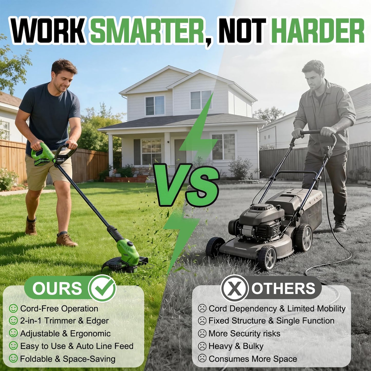 JKLARI Cordless Weed Wacker, 21V Battery Powered Grass Trimmer & Edger 2-in-1, Electric Weed Wacker with 2 × 2.0Ah Batteries and 8 × Spare Spools, Lightweight Edger Lawn Tool for Yard & Garden