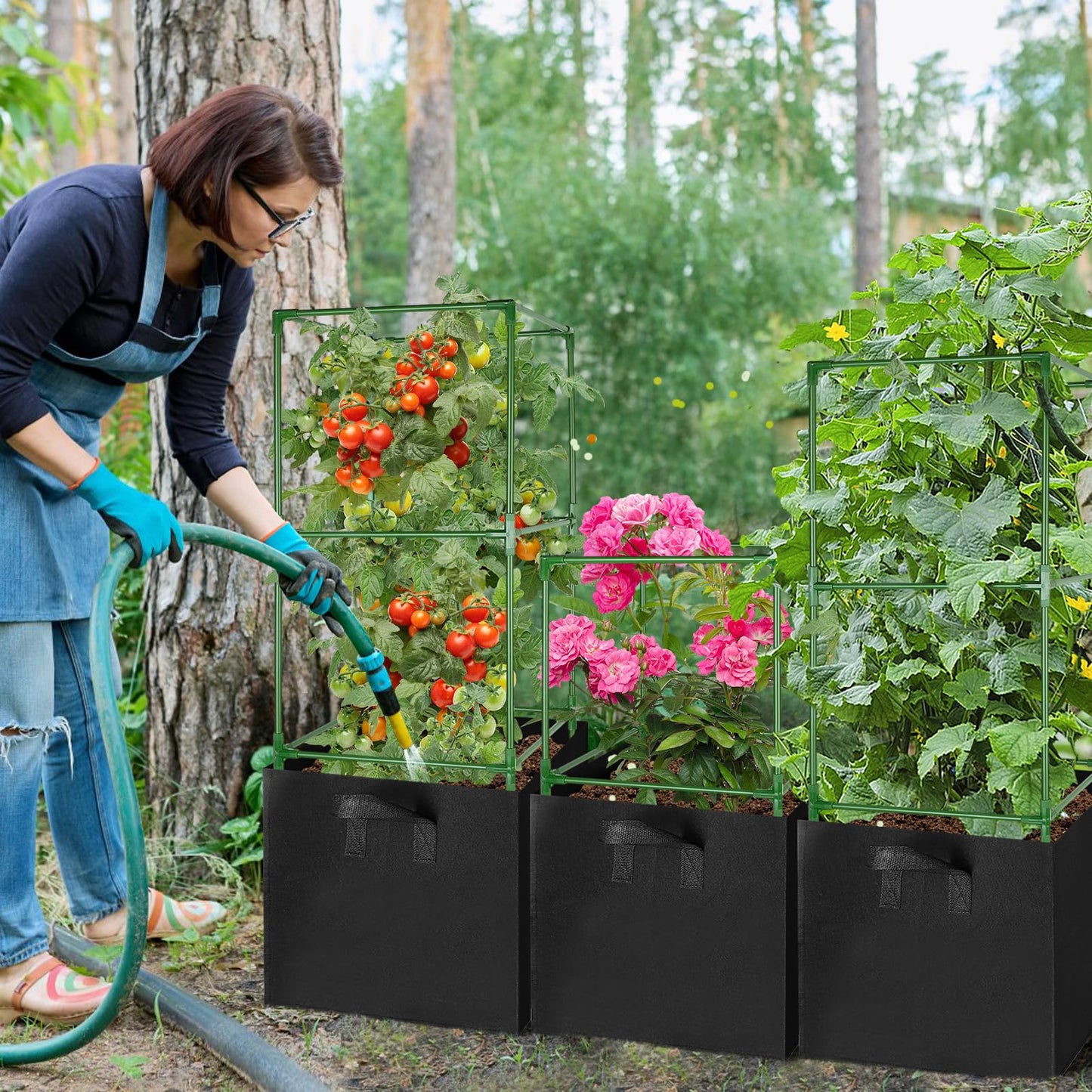 ANPHSIN Sturdy Square Tomato Cage with Movable 17 Gal Grow Bags - 3 Sets 46'' Plants Garden Trellis Planter, Support for Indoor Outdoor, Cucumber, Beans, Peppers, Eggplants, Climbing Vegetables