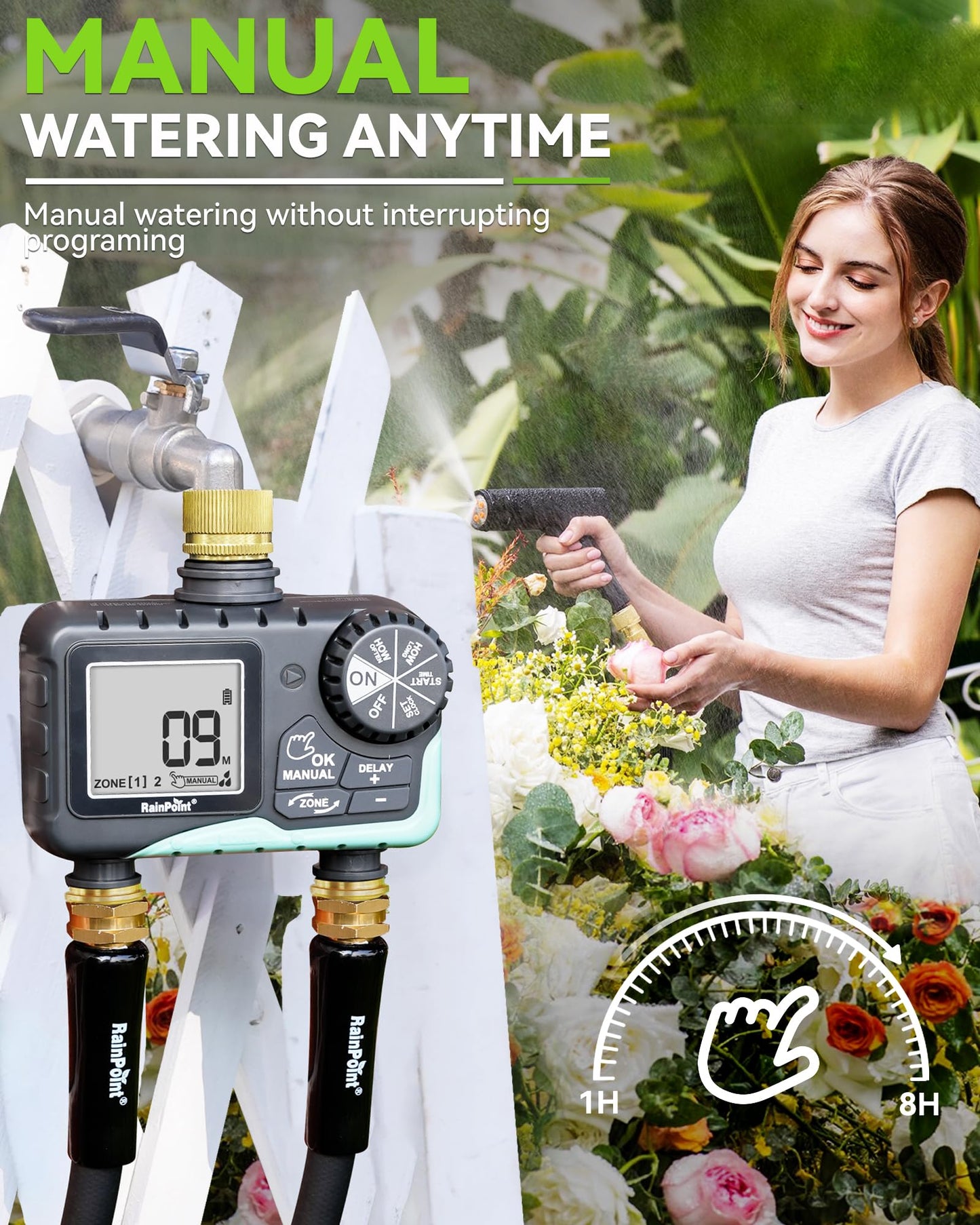 RAINPOINT 2 Zone Sprinkler Timer with Brass Inlet and Outlet - Water Timer for Garden Hose with Rain Delay/Manual Watering/Automatic Irrigation Controller System for Yard Lawn Garden(Blue)
