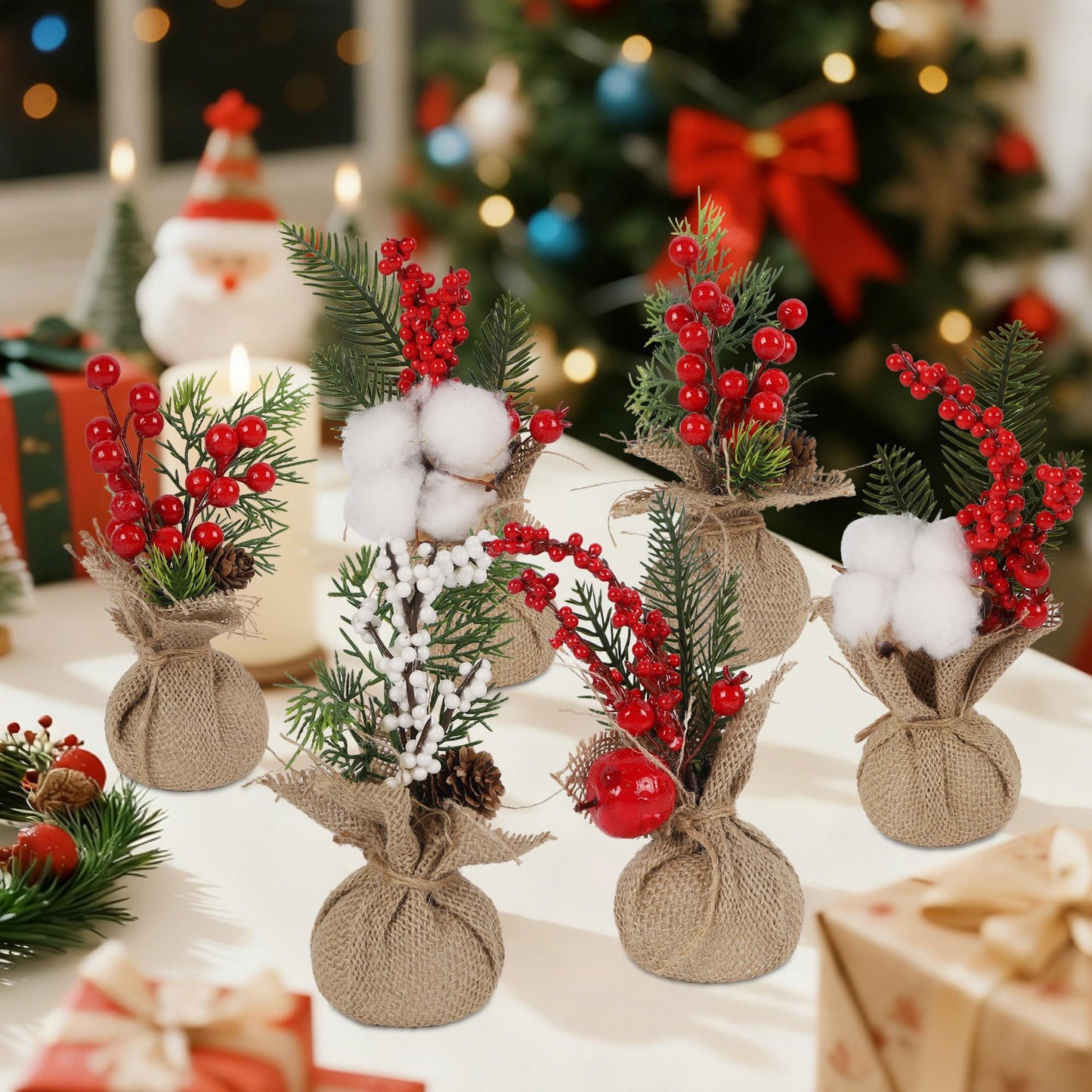 winemana 6 Pcs Mini Christmas Tree Table Decorations, 8" Small Artificial Trees with Red Berries Pine Cone Greenery Tabletop Centerpiece for Home Office Room Holiday Decorations