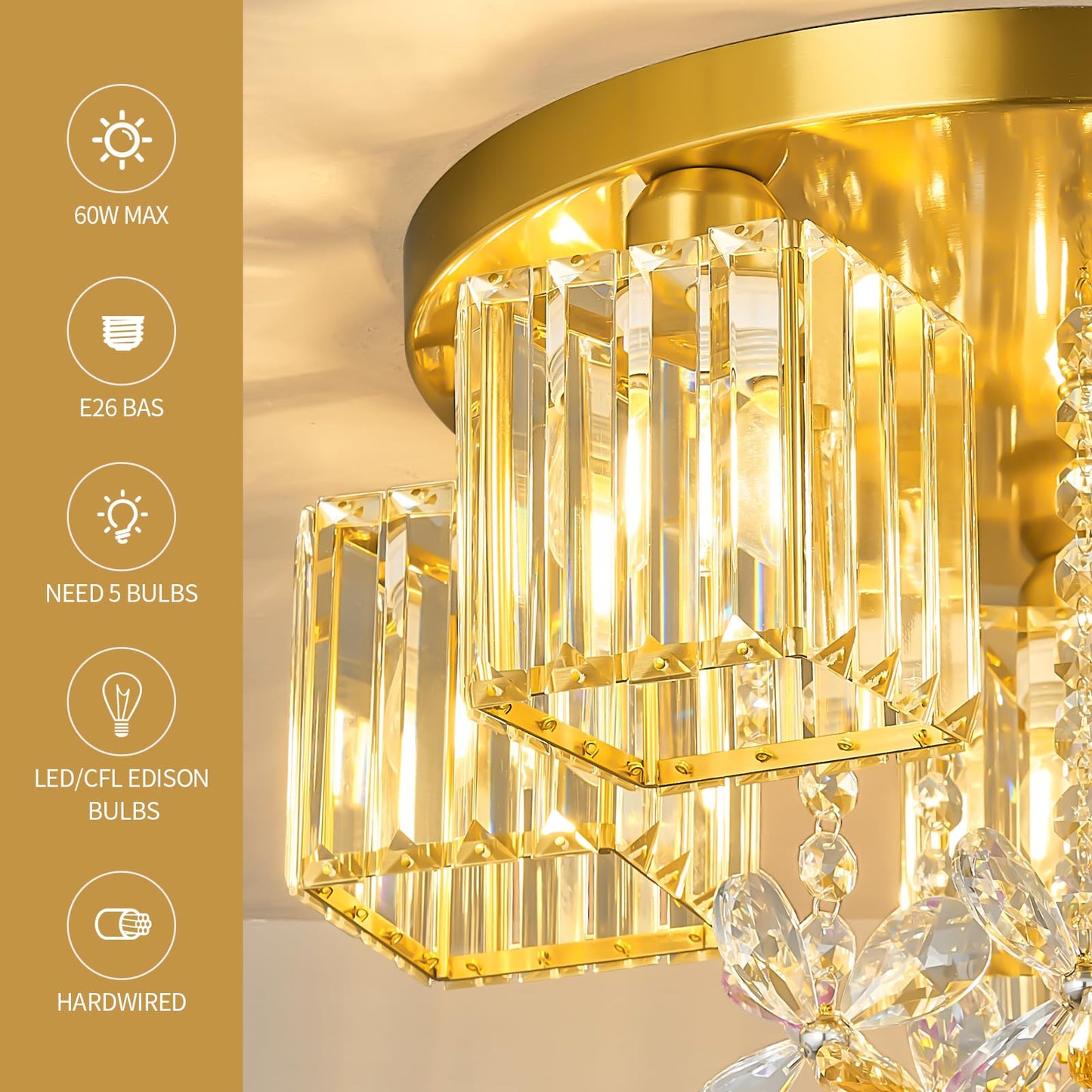 zhllmq 5 Light Gold Crystal Ceiling Light Flush Mount Ceiling Light Crystal Close to Ceiling Light Fixtures for Living Room Bedroom Kitchen Hallway