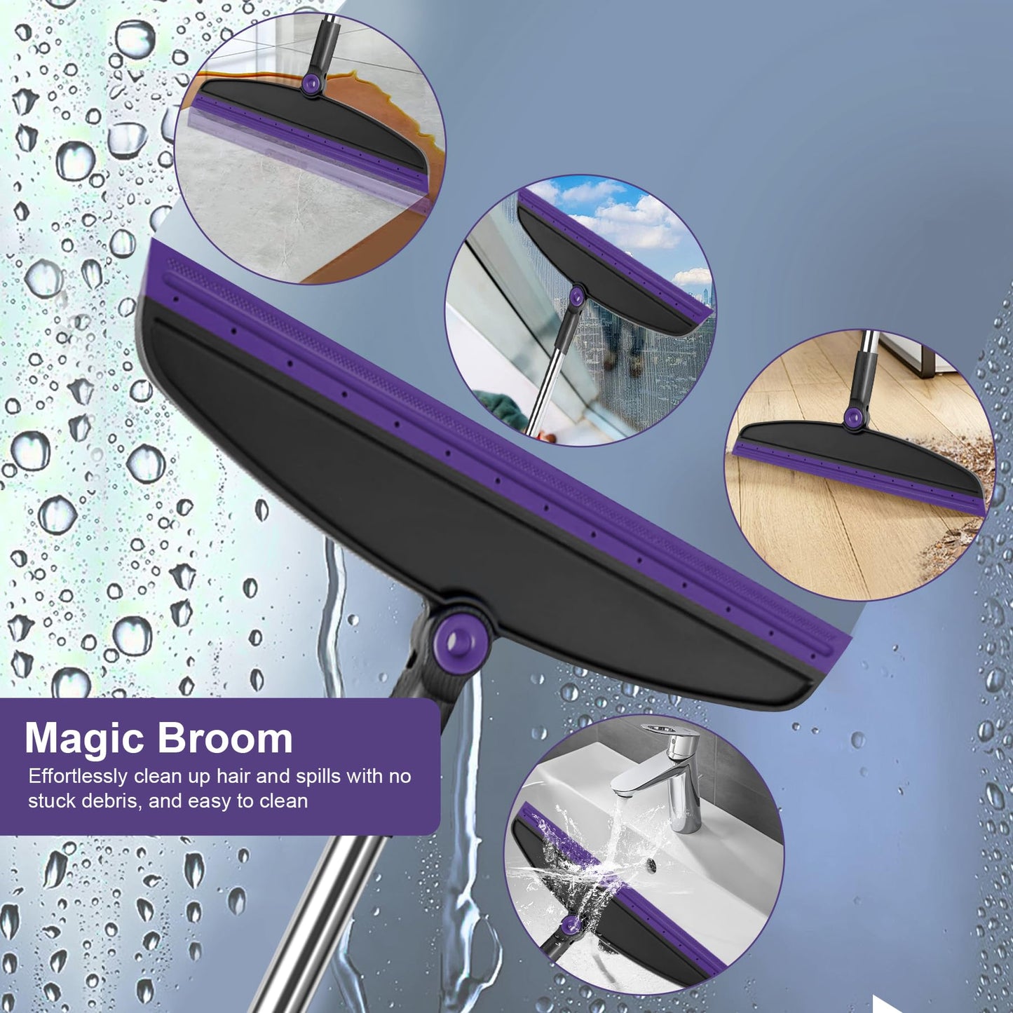 UDUK Broom with Dustpan Combo Set and Silicone Air Broom Kit, 51" Long Handle Floor Squeegee, Purple Household Kit for Glass Window Rugs Pet Hair Home