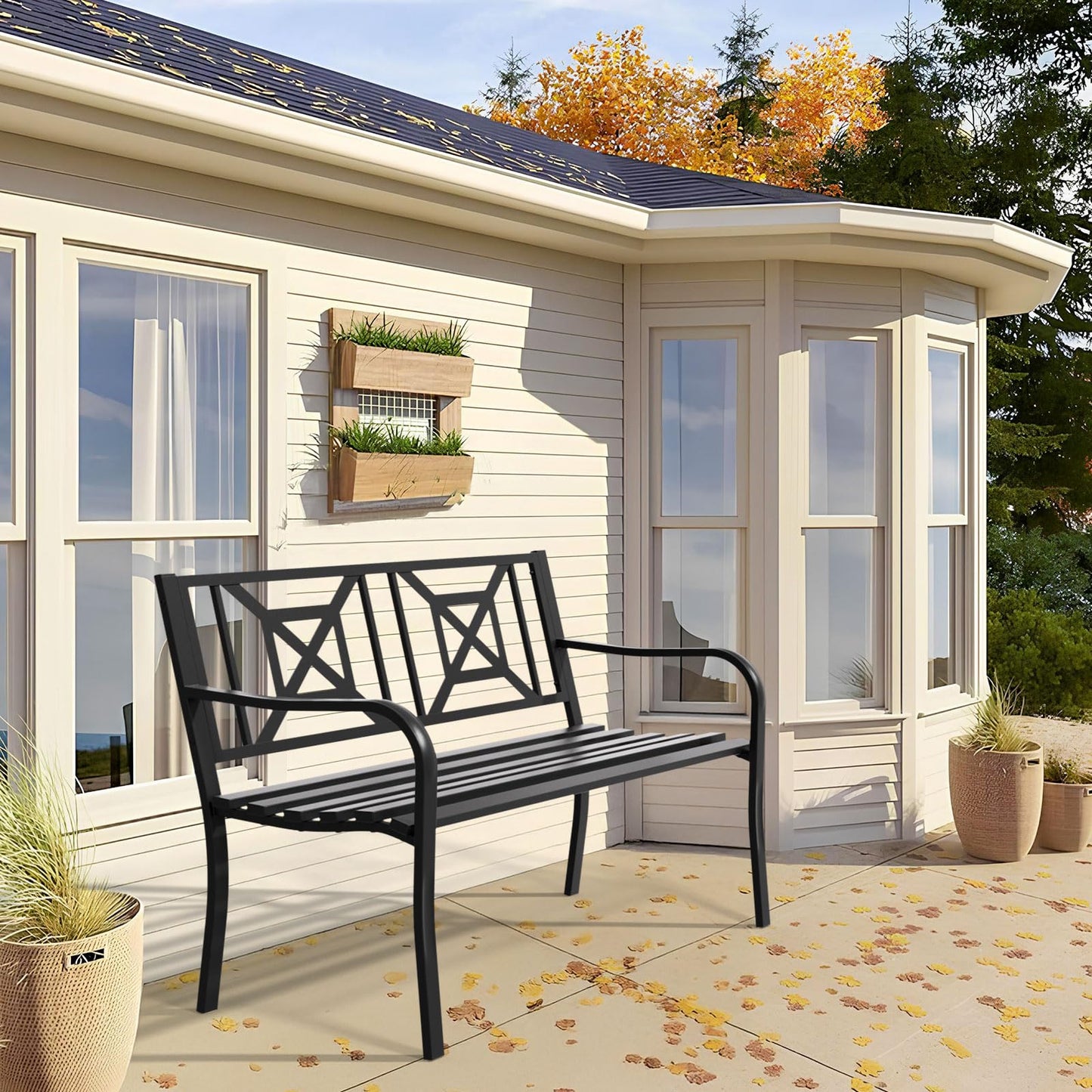 Gymplis Outdoor Bench Garden Bench Patio Bench,Weatherproof Anti-Rust Metal Powder Coated Frame Park Bench,Metal Bench for Yard & Porch & Park (Geometric)
