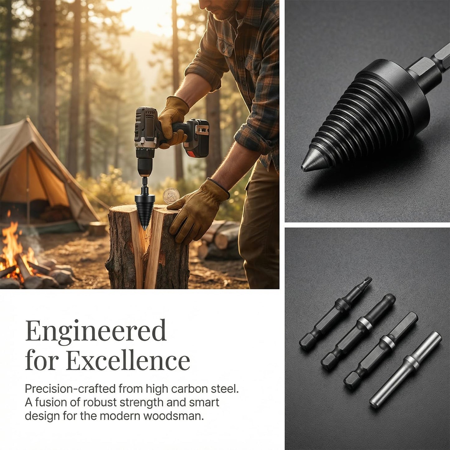 6 Pcs Wood Splitter Drill Bits Set, 42mm+32mm Firewood Log Splitter Cone Bit, Heavy Duty Electric Drill Screw Driver Removable, Kindling Detachable Design Wood Splitting Wedge Tool