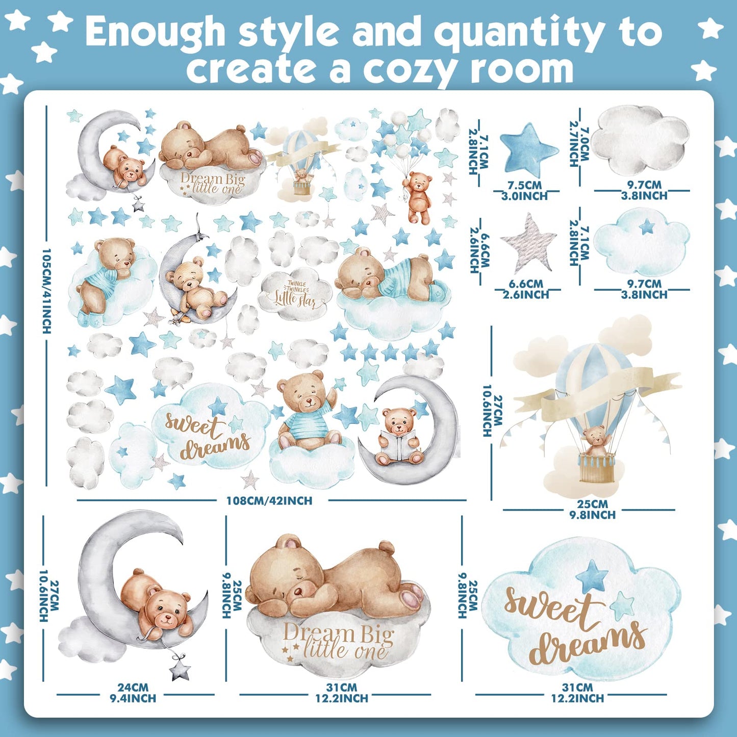 Yinder 12 Sheet 78 Pcs Bear Highland Cow Wall Decals Cute Highland Cow Sticker Nursery Baby Wall Decor for Kids Girls Boys Baby Room Bedroom(Blue Bear)