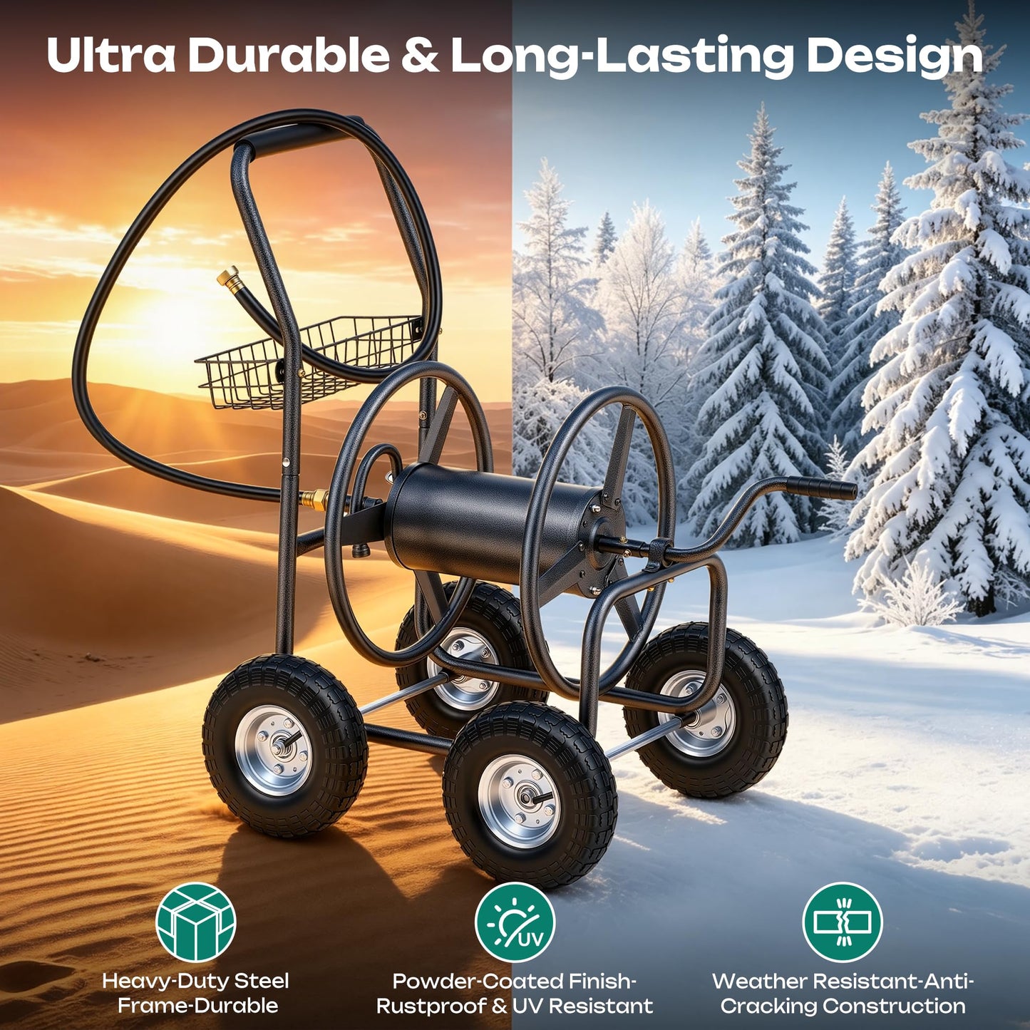 Autodaya Garden Water Hose Reel Cart - 250 ft. Capacity, 10" Pneumatic Tires, Powder-Coated Steel Frame for Tangle-Free Garden Hose Storage