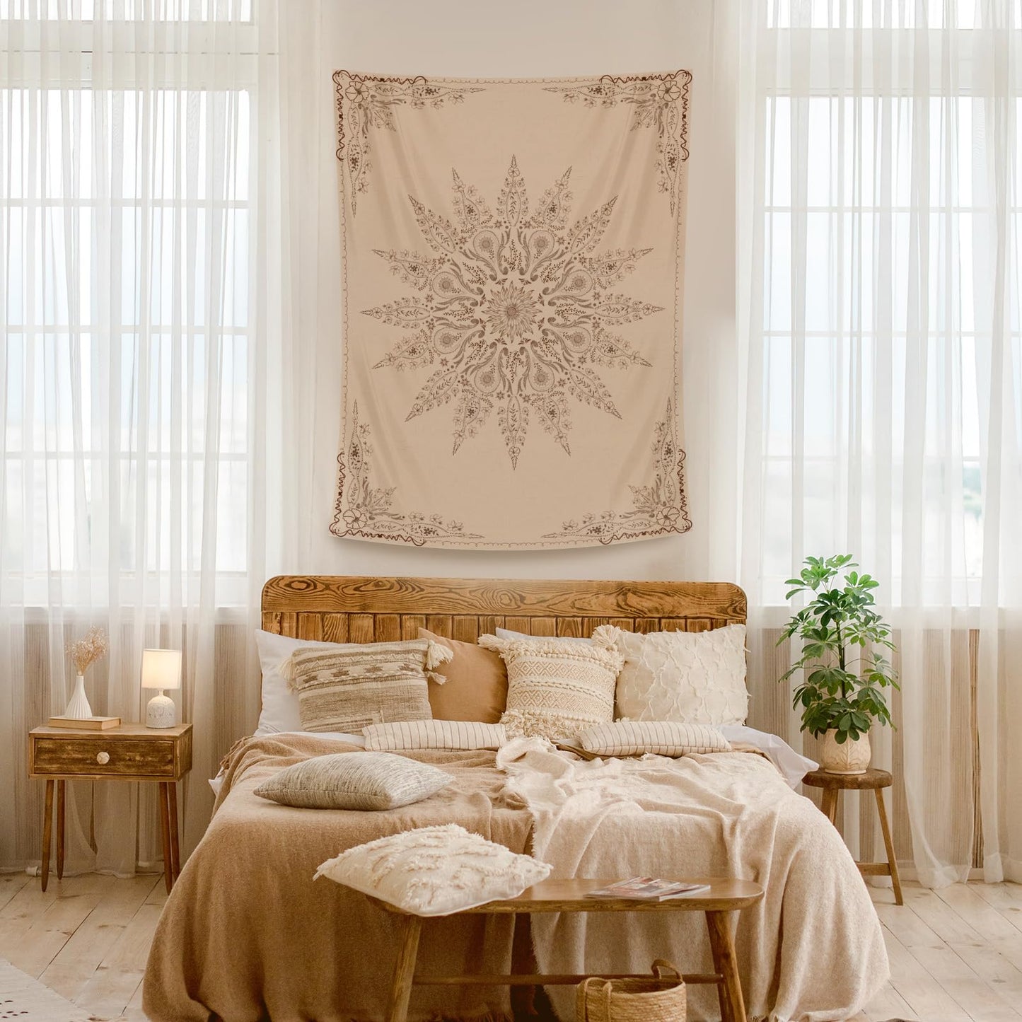Damanse Floral Tapestry Wall Hanging Cute,Boho Wall Tapestry for Bedroom Aesthetic,Mandala Living Room Decor for Teen Girls (Flaxen, 34.80" x 47.20")