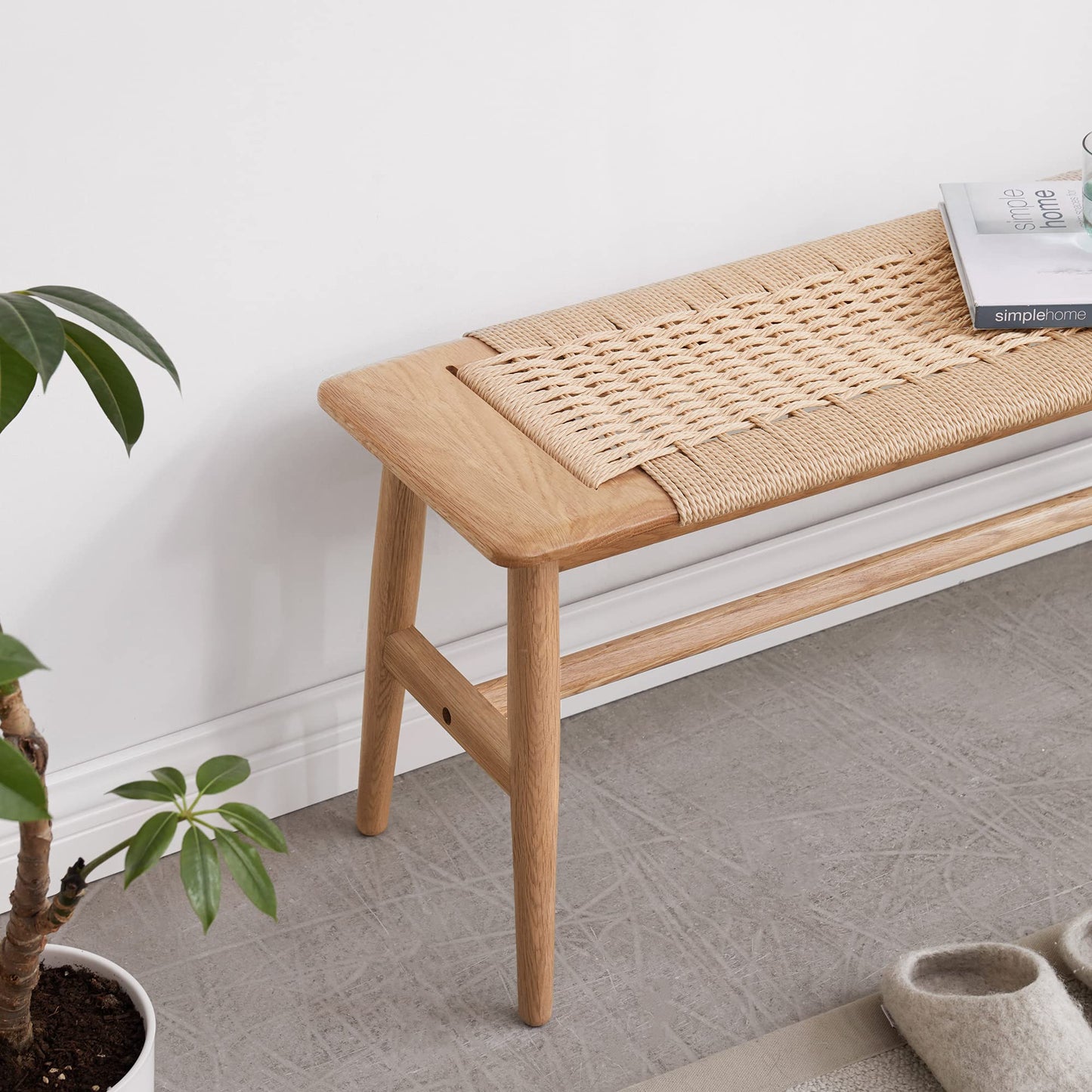 HomSof Woven Design Natural Oak Wood Bed Bench for Dining Room, Brown 31.5" 1
