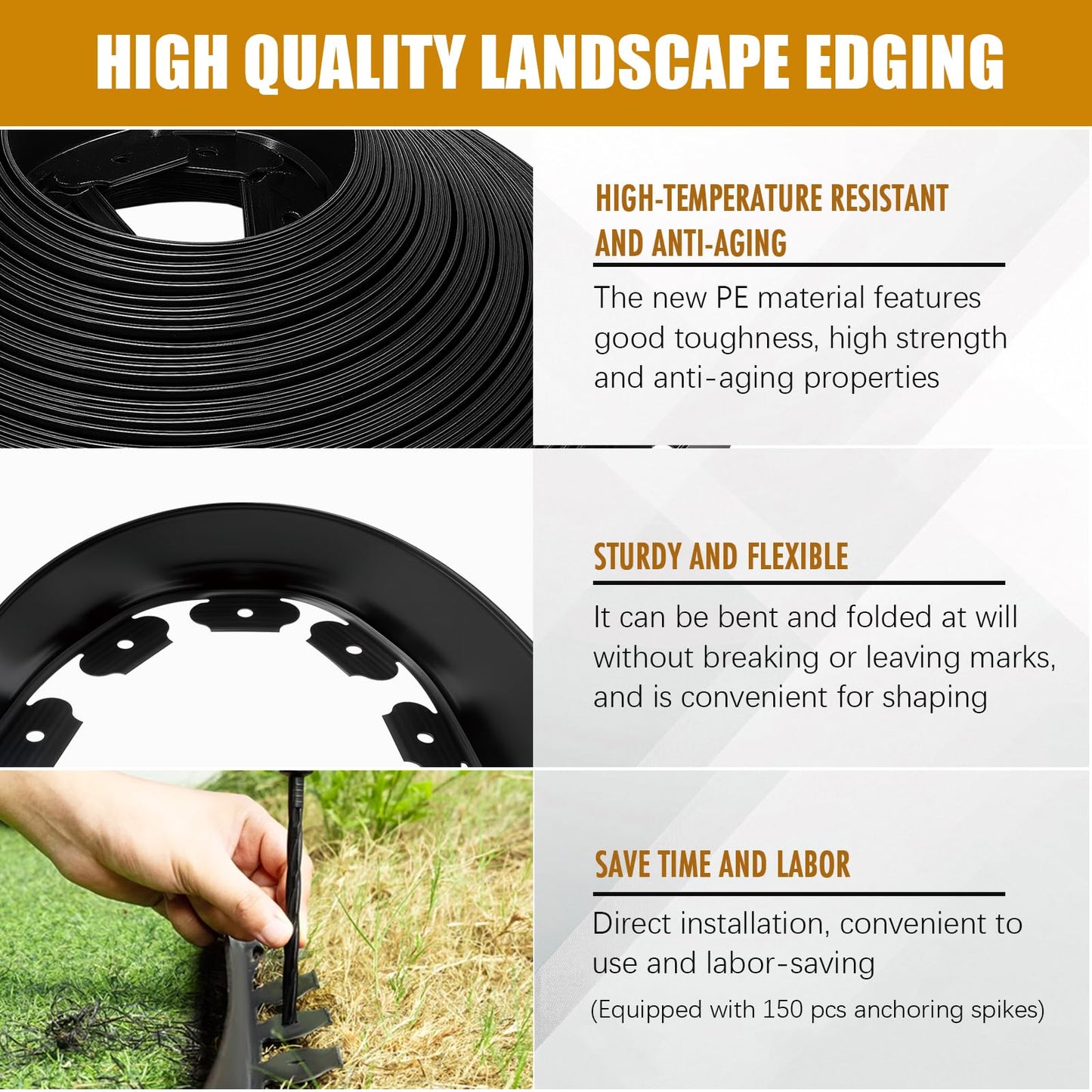 Landscape Edging 2 Inch 100FT, Garden Edging for Landscaping with 150 Pcs Anchoring Spikes & 5 Connectors, Flexible Garden Border Edging for Landscaping, Yard Lawn, Flower Beds