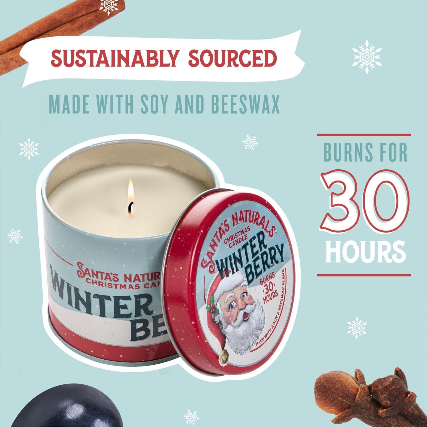 Santa's Naturals Winter Berry Christmas Candles for Holidays & Gifts, Cinnamon & Spice Scent, Soy & Beeswax Blend, 30+Hour Burn, 9 oz, 2-Pack
