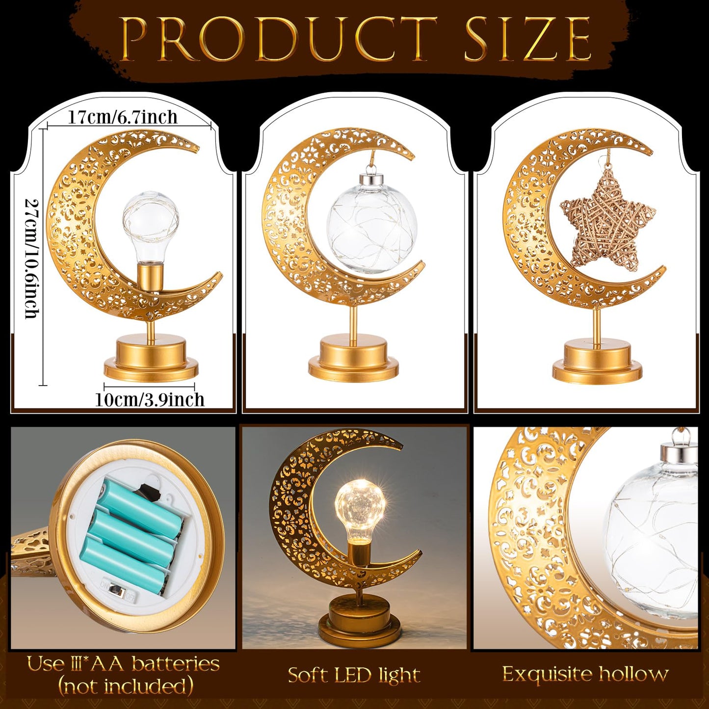 Tujoe 3 Pcs Ramadan Decorations for Home Rustic Moon Lamp Ramadan Star Moon Metal Lights Battery Operated LED Crescent Light Eid Decorations for Home Bedroom Table Ramadan Eid Mubarak Party Decor