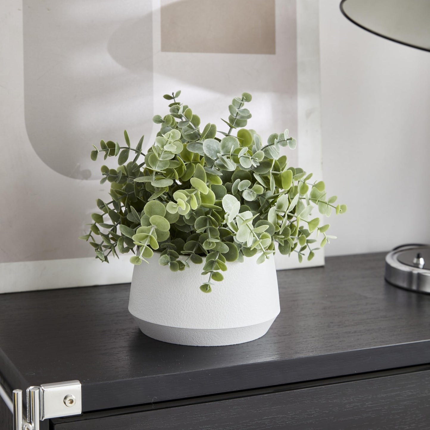 365 Blooming Decor Artificial Eucalyptus Plant–10.2"x11.4" Luxury Faux Potted Greenery in White Textured Pot with Real Pebbles, Premium Material, No Assembly, Farmhouse, Coffee Table, Bathroom Decor