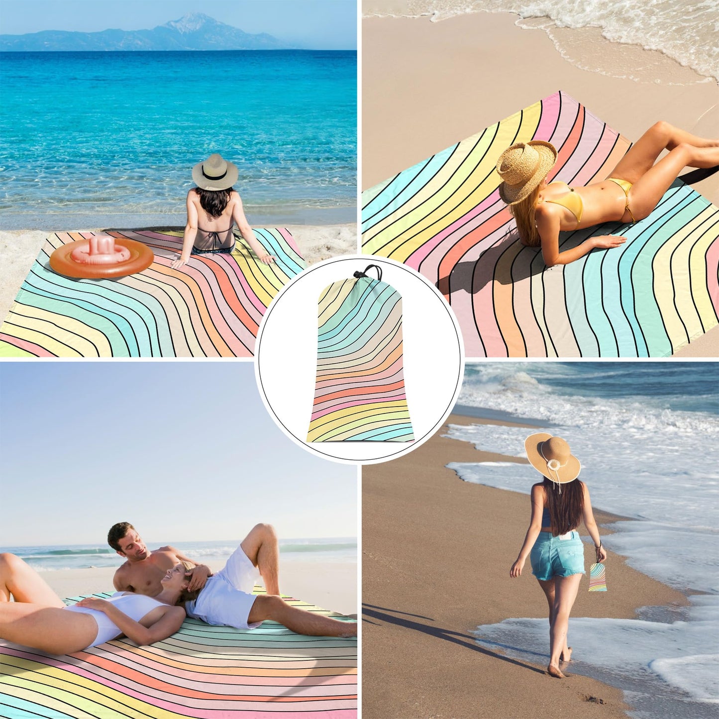 Beach Blanket Sandproof Waterproof, Large Beach Mat for 2-4 Adults with Stakes, Sand Free Compact Lightweight Picnic Blankets, Beach Essentials Necessities Accessories Must Haves-Colorful Rainbow Wave