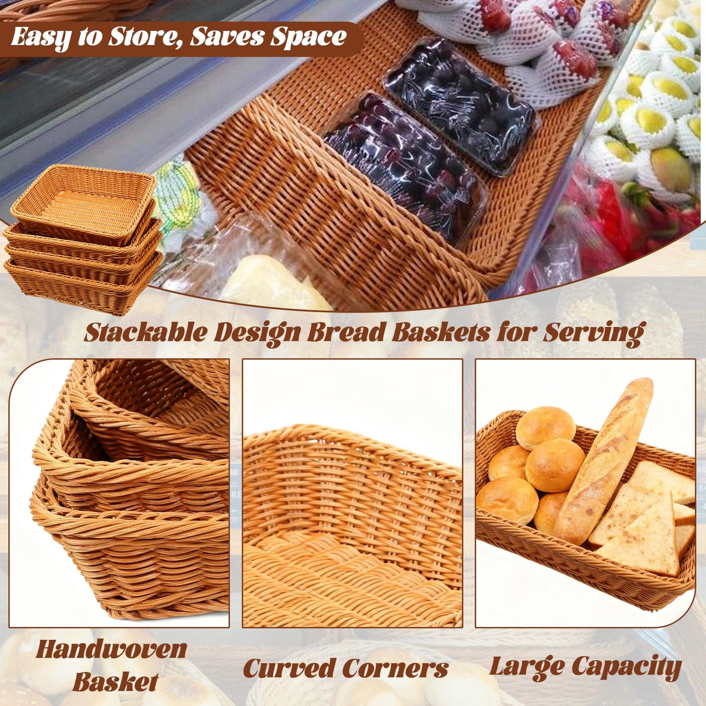 Retainbre 3 Pack Wicker Bread Baskets for Serving 15.8 Inch Rattan Tray Rectangular Display Baskets for Food Fruit Vegetables Snack Decorative Kitchen Restaurant Home