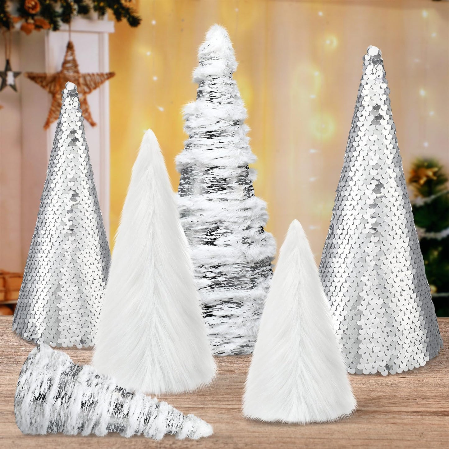 Kigley 6 Pcs White Feather Christmas Cone Tree 10.5" 8" 6" Cone Pedestal Decor Silver Sequins Christmas Tree Table Decorations Xmas Table Centerpiece Farmhouse Xmas Home Winter Holiday Tabletop Decor