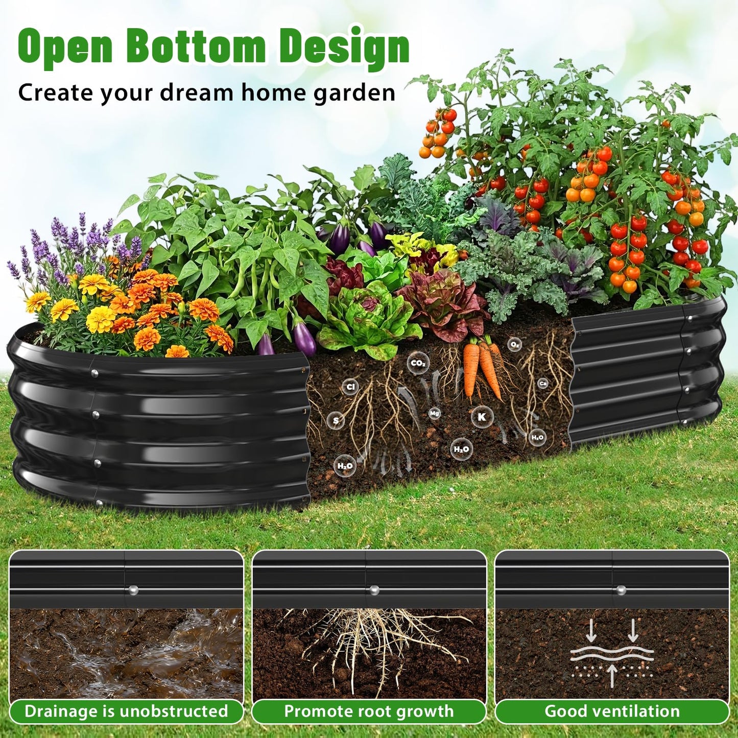 VAMFUTRE Oval Raised Garden Bed, 5 x 2 x 1FT, Galvanized Steel Planter Box with Wave-Shaped Metal Panels Painted for Outdoor Flower,Tree,Herb & Vegetable Garden (Black, 60X24X12 inches)