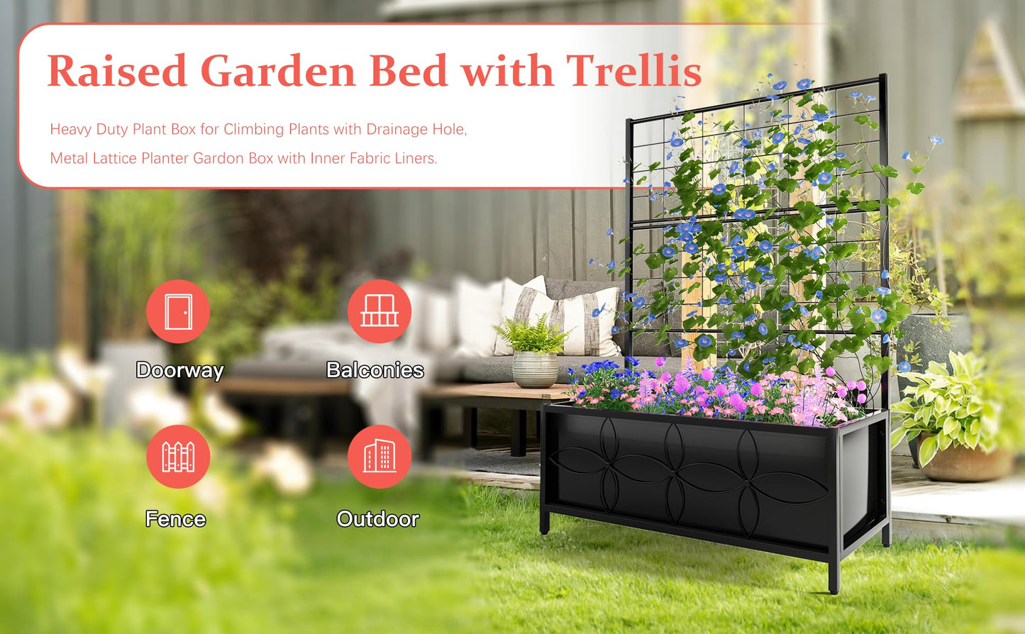 Zhongma Sturdy Raised Garden Bed with Trellis (15.75 x 35.43 x 48.8 in) for Vegetables Flower, Planter Box for Backyard Patio Balcony