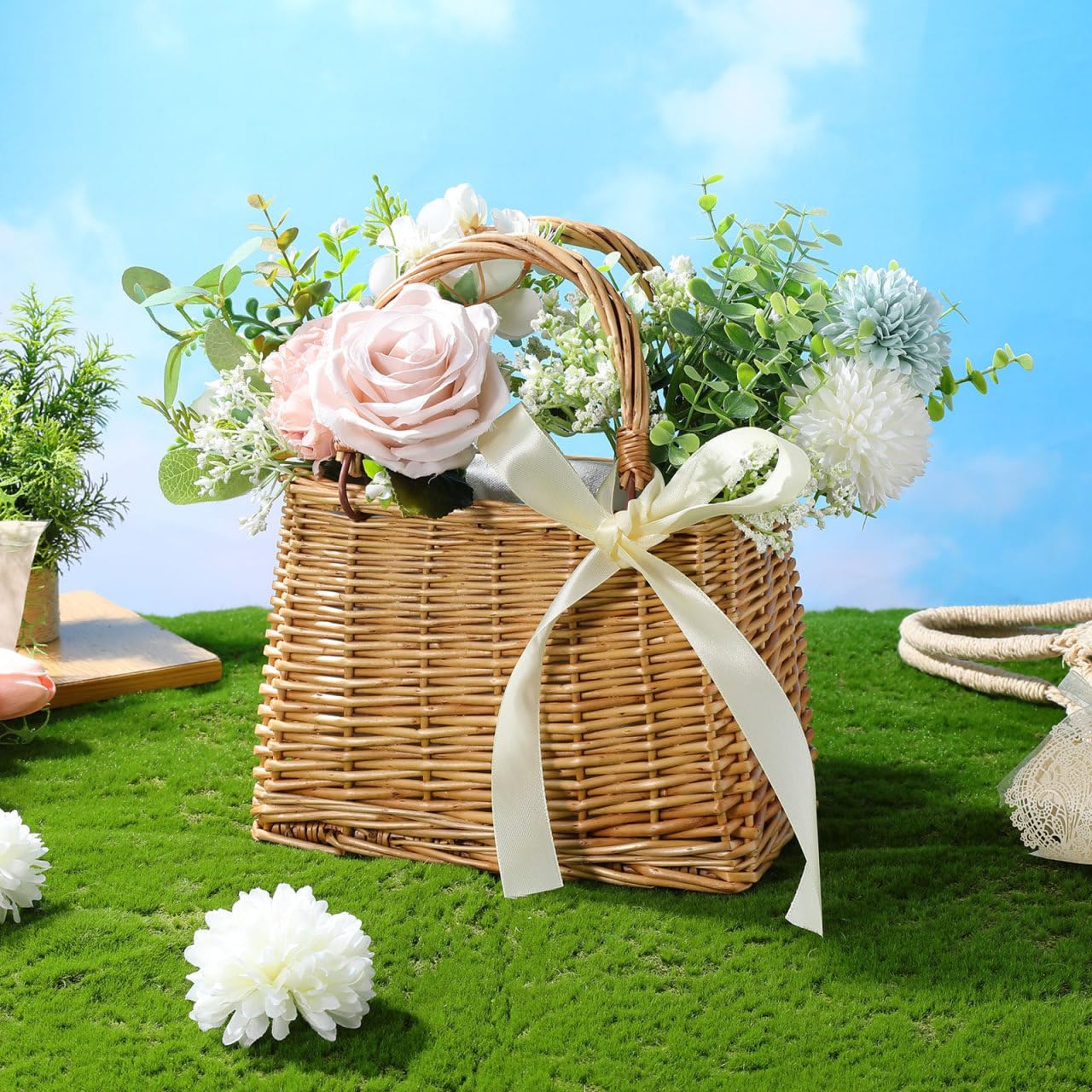 Cabilock Woven Flower Basket with Handle, Plastic Woven Flower Girl Basket for Weddings Ceremony, Small Rustic Boho Handbag, Women Summer Clutch Beach Bag Picnic Decor, 10.22X9.24X5.311in