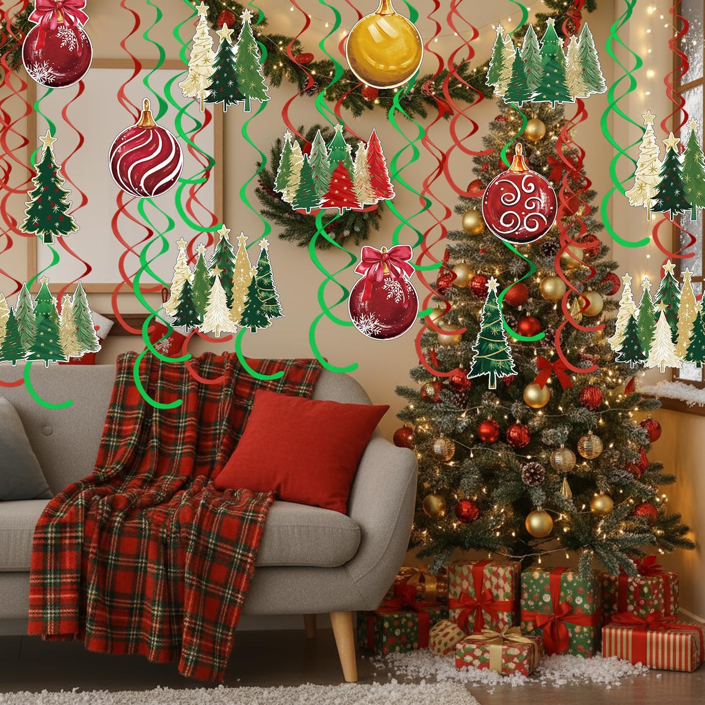 Horaldaily Christmas 44 Pieces Party Hanging Swirl Banner Decorations, Christmas Trees Ball Ornaments Party Hanging Swirls Streamers Ceiling Decor for Home Office Classroom School Boys Girls Supplies
