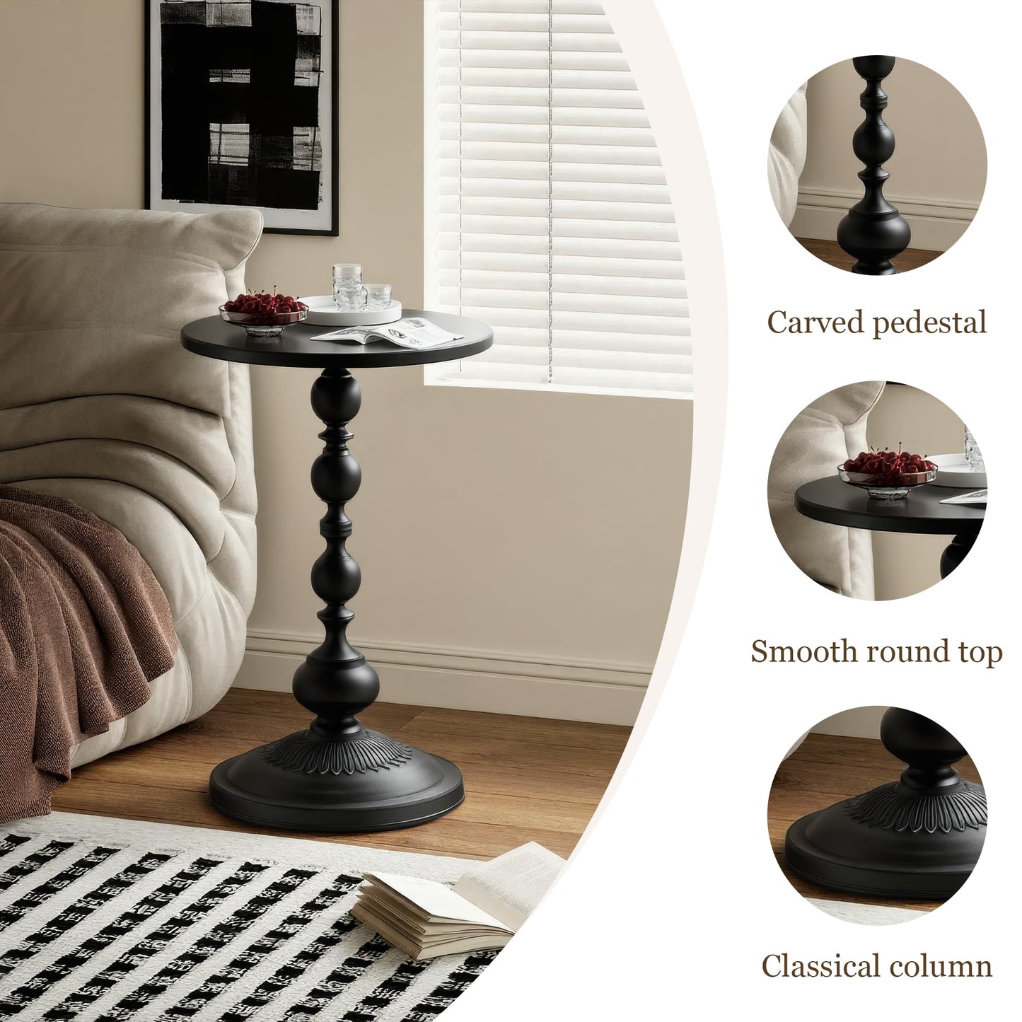 NTSJJTSS Side Table - Small Round Metal Accent Table for Living Room, Bedroom, Office - Modern Matte Black Pedestal Coffee Table for Small Spaces - 21" Height, Compact Drink Table for Sofa, Corners