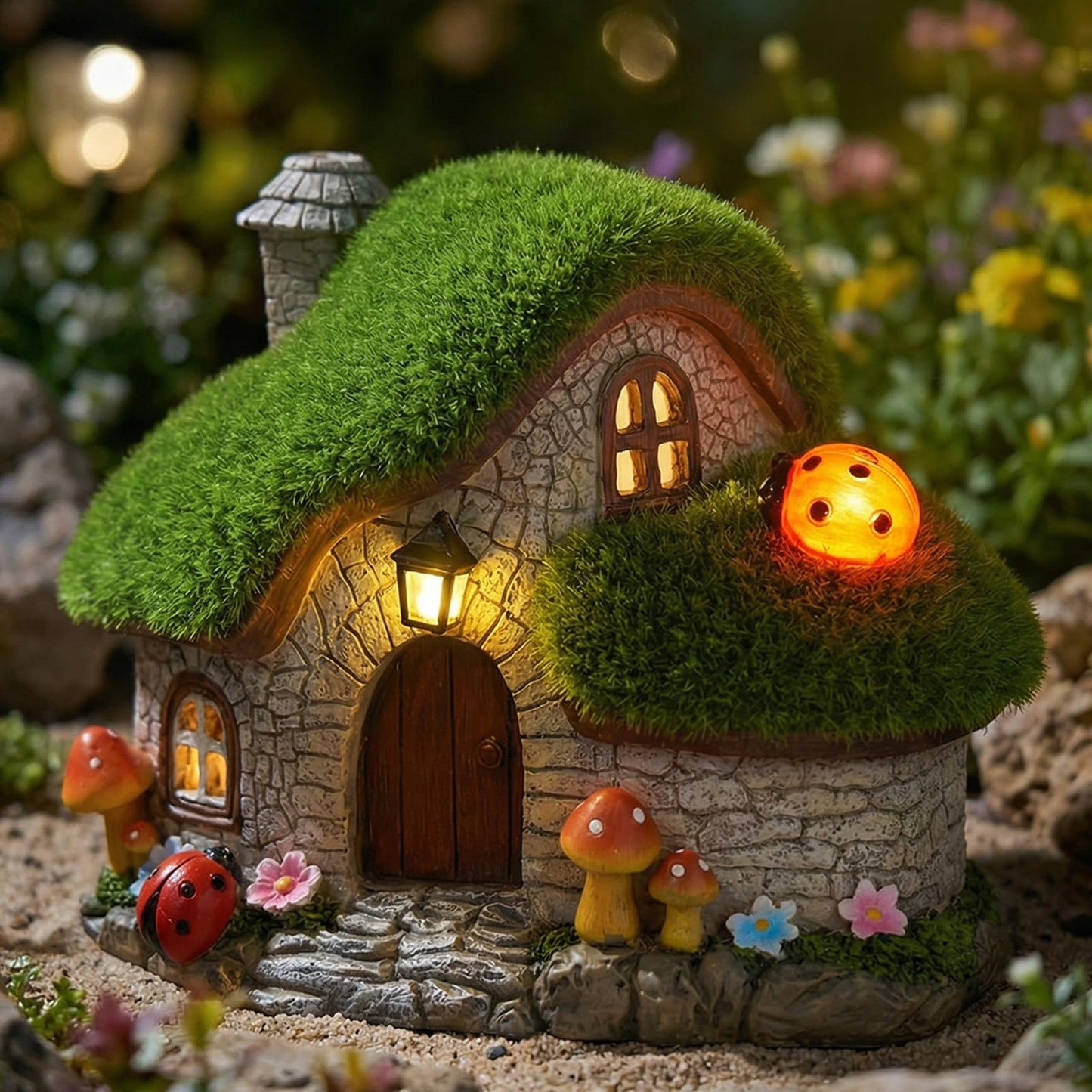 Solar Fairy Garden House Accessories, Outdoor Garden Statues with Ladybug Lights & Mushroom Gardening Gifts for Women, House Sculpture Figurine Outside Garden Decorations for Yard Patio Lawn Decor