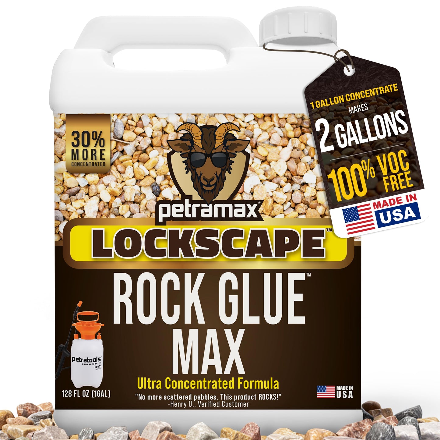 Petra Max Rock Glue for Landscaping, 1 Gallon - Wide Coverage & Pet Safe Mulch Glue for Rocks - Lockdown Gravel/Pebbles/Stones - Sticky Clear Gravel Binder & Decomposed Granite Stabilizer