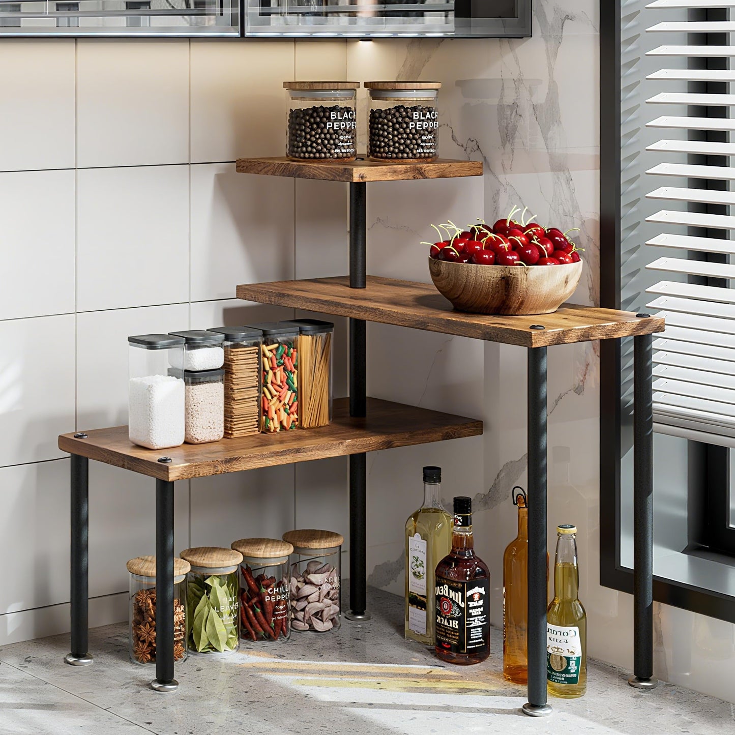 Dazioter Countertop Organizer Organization 3 Tier Kitchen Corner Shelves Adjustable Spice Storage Rack for Bathroom Coffee Area Over Sink (Black)