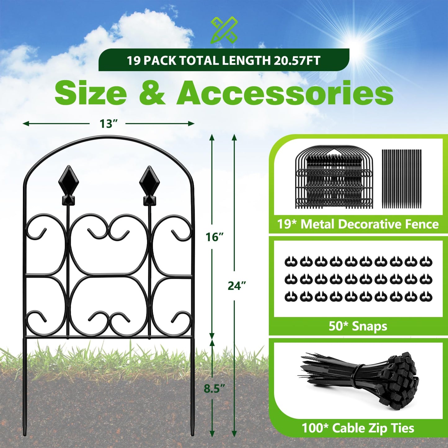 QIAOKAIYAN 19 Pack Decorative Garden Fence Panels – 24in(H) x 20.57ft(L) Black Metal Fence with Floral No Dig Animal Barrier Fence Rustproof Garden Edging for Yard Patio Dog Outdoor Decor Flower Bed