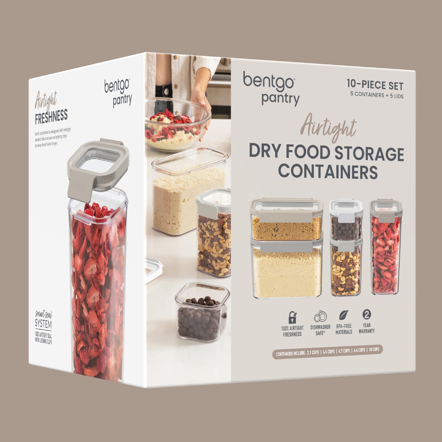 Bentgo Pantry - 10-Piece Airtight Food Storage Containers, Clear, Stackable Kitchen & Pantry Organization, Locking Lids for Freshness, BPA-Free Plastic - Ideal for Sugar, Flour, & More (White Stone)