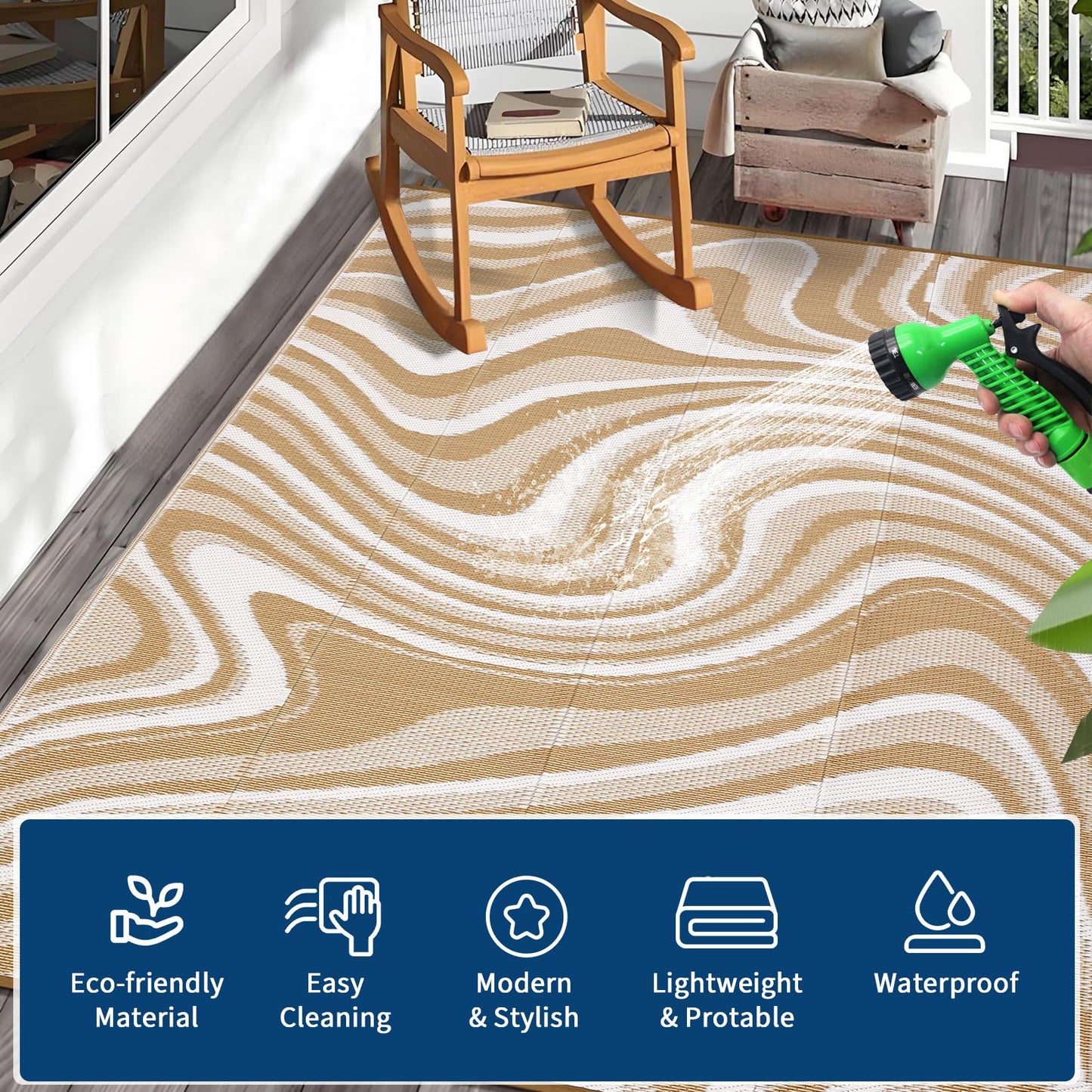Garvee 10x14 Modern Large Outdoor Rug, Waterproof Rug for Camping, Reversible Plastic Straw Rugs UV Resistant Abstract Carpet for Picnic Backyard Deck Balcony Porch Beach Trailer, Light Brown
