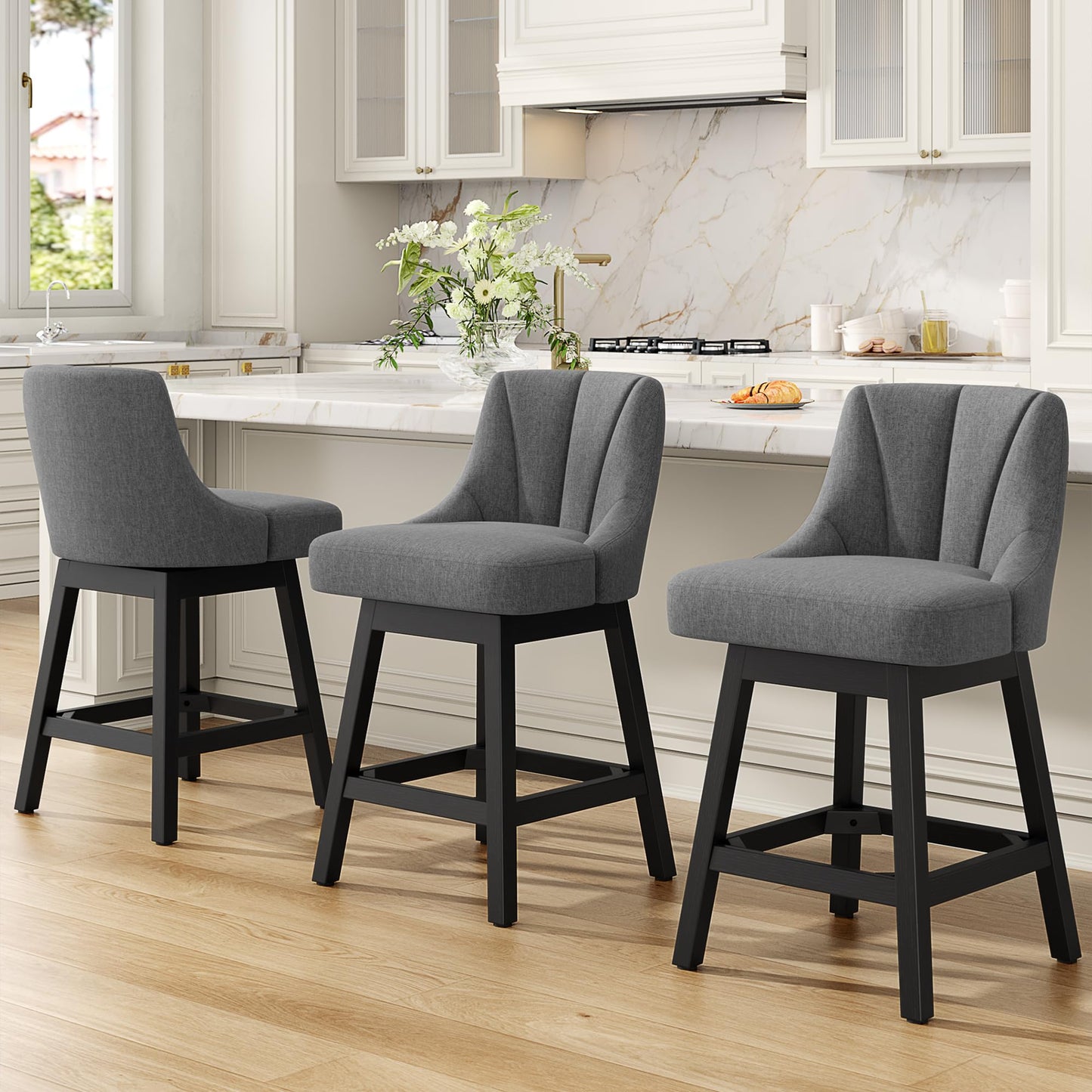 REONEY Swivel Bar Stools Set of 3, Fabric Upholstered Counter Height Barstool, 26" Modern Kitchen Island Chairs with Back and Solid Wood Legs for Home Bar Dining Room, Dark Grey