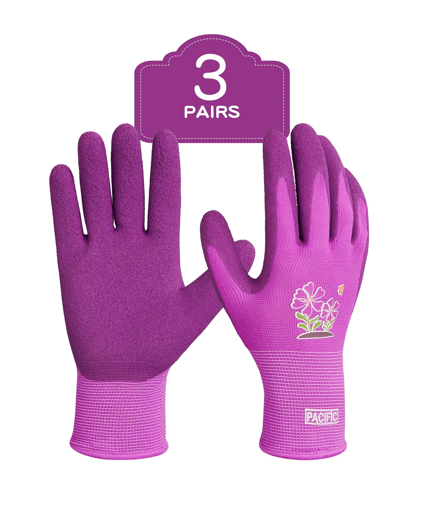 PACIFIC PPE 3 Pairs Gardening Gloves for women, Rubber Coated Garden Gloves, Ladies Yard Work Gloves, Breathable, Purple, Medium