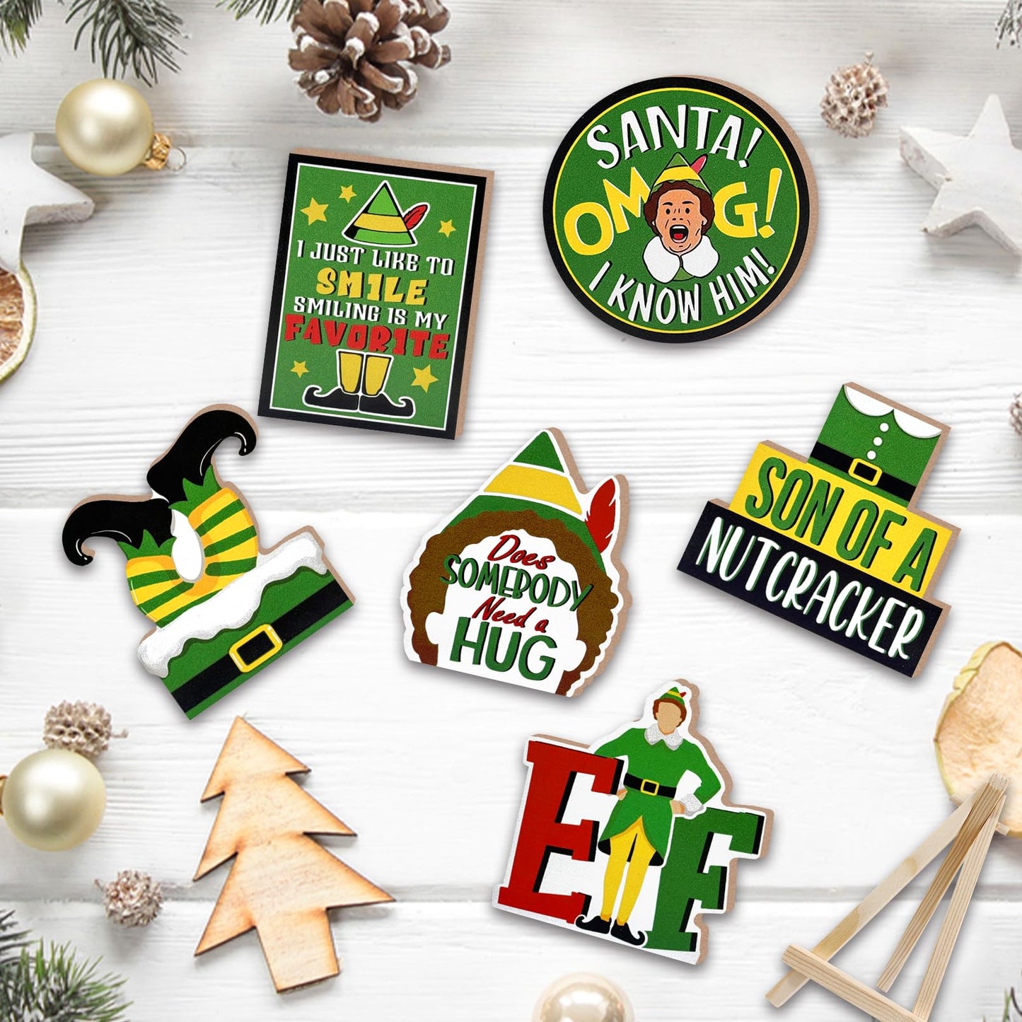YMCAFZ 7 Pcs Christmas Green Elf Tiered Tray Decor, Funny Xmas Son of A Nutcracker Farmhouse Wood Decorations Set, Winter Holiday Rustic Wooden Decorative Signs for Home Table Shelf