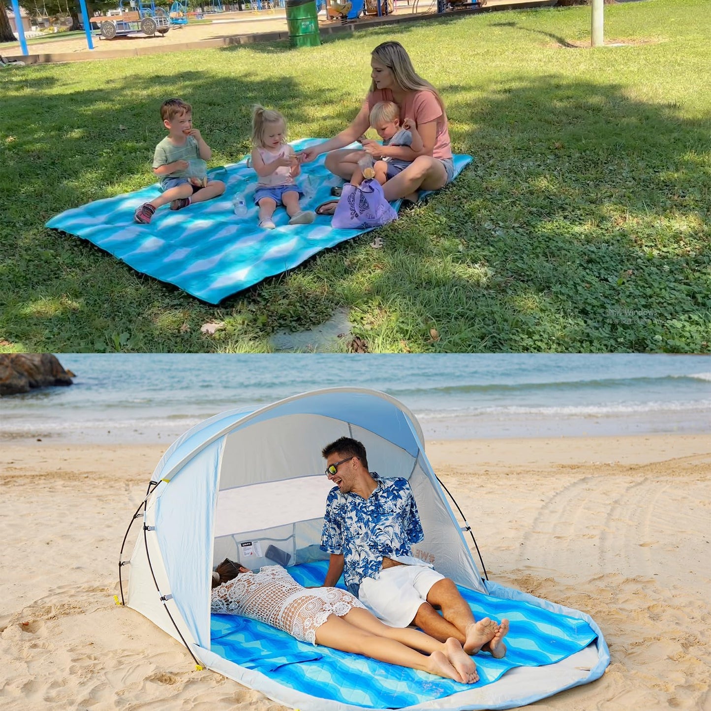 #WEJOY 3 in 1 Beach Blanket Waterproof Sandproof, Padded 3 Layers Outdoor Picnic Blanket Bag, 80x60'', 4 Person, Easy to Fold, Waterproof for Lawn,Camping, Park (Blue)