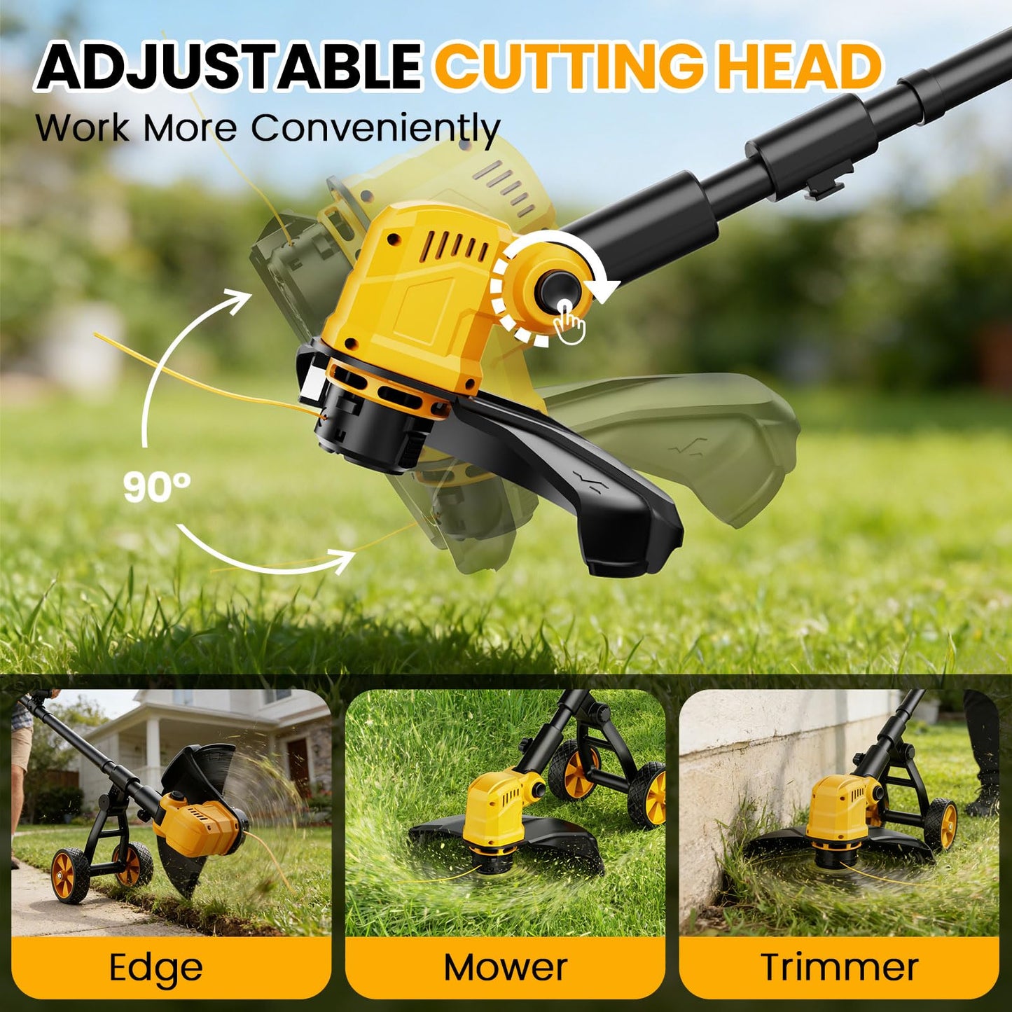 Cordless String Trimmer with Wheels, 14-Inch 2x3.0Ah 21V Battery Powered Weed Eater, Electric Lawn Mower Weed Wacker, Brush Cutter Grass Trimmer for Garden Yard