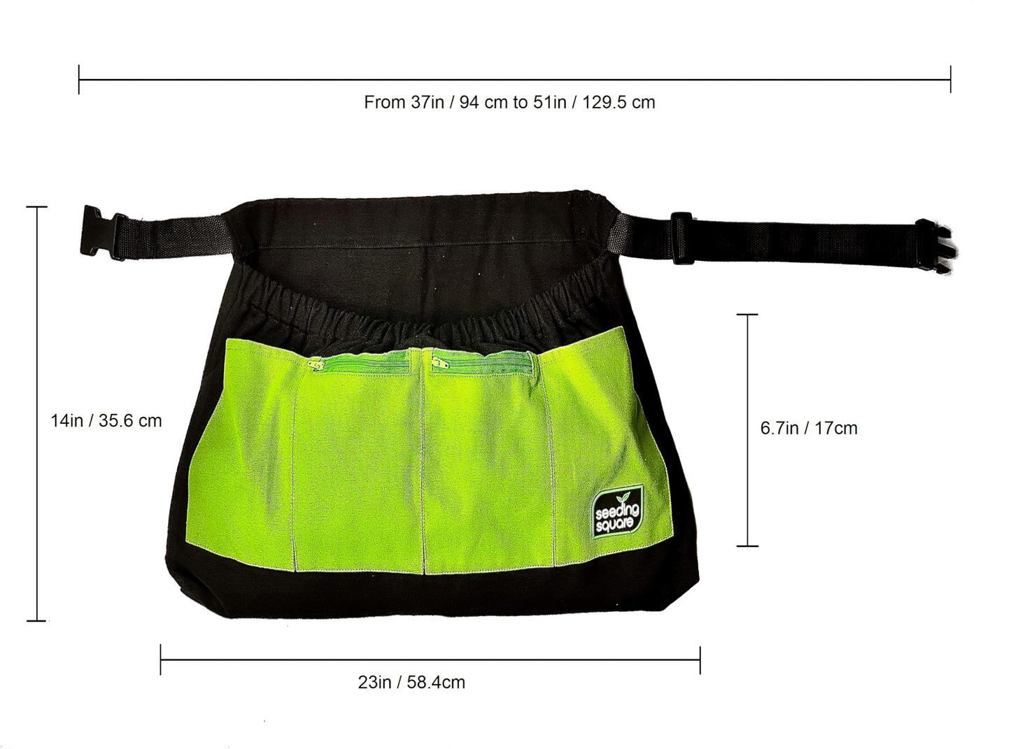 Seeding Square Harvest Garden Apron – pick fruits, vegetables, eggs and weeds & store small tools, seeds and personal items (Green Pockets on Black)