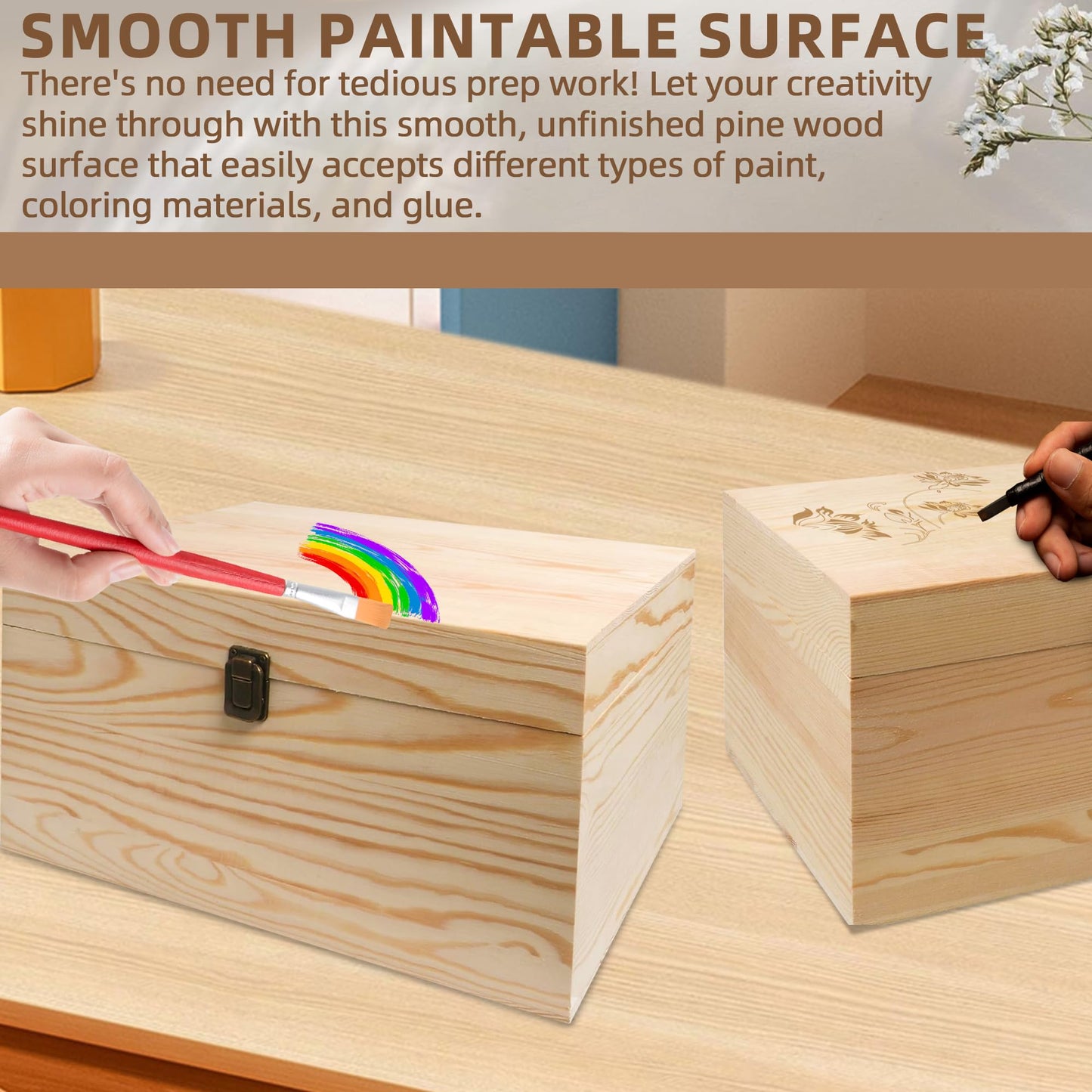 VIKOS Products 13.8x9.9x6.7-Inch/ 3.33-Gal. X-Large Unfinished Wooden Box for DIY Crafts & Storage with Hinges & Retro Front Clasps - Natural Pine - Smooth Paintable Surface