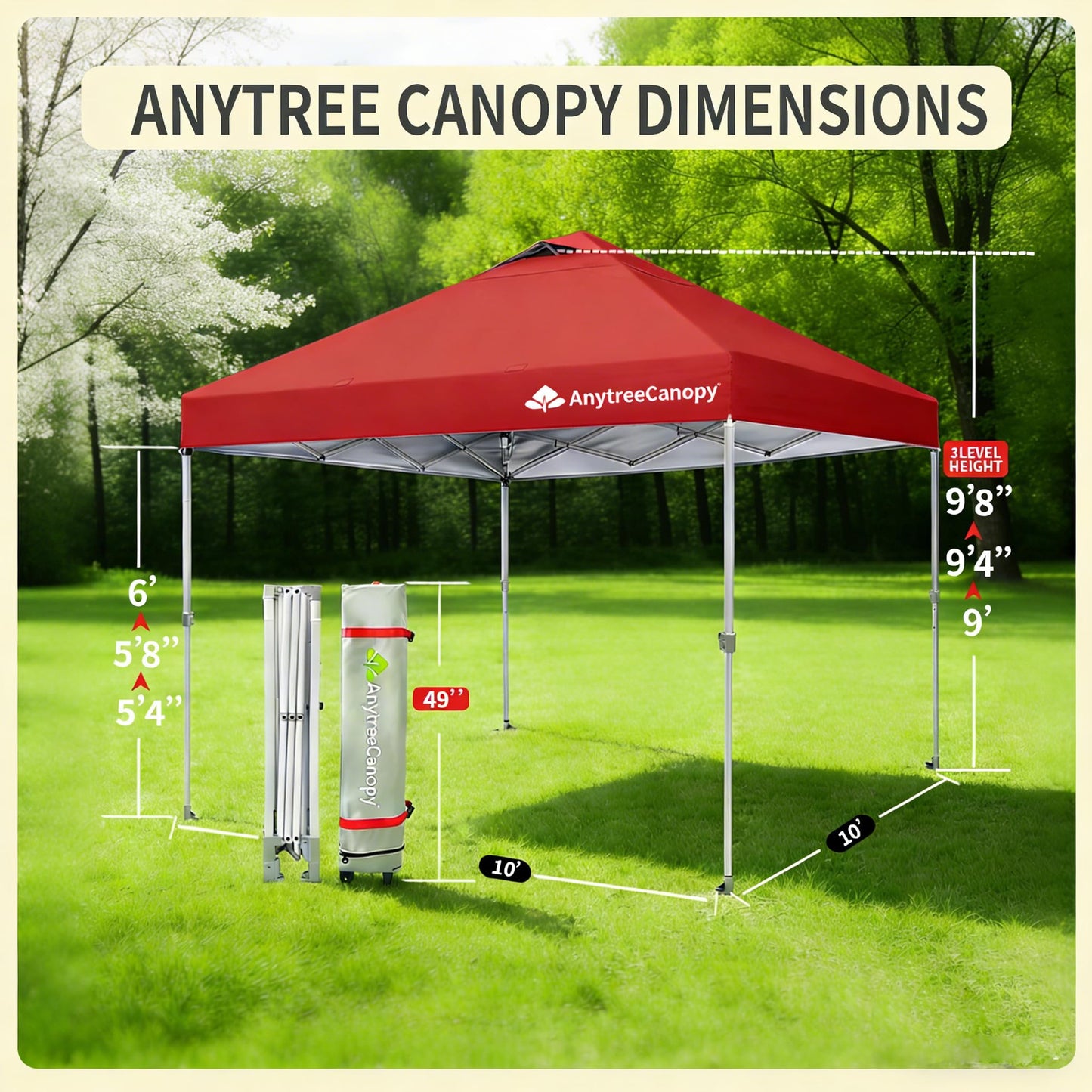 Anytee-10x10 Pop Up Canopy Tent, Easy Up Waterproof Outdoor Canopy with Wheeled Bag, Sun Shade for Patio, Backyard, Parties, Camping-Red Ventilated